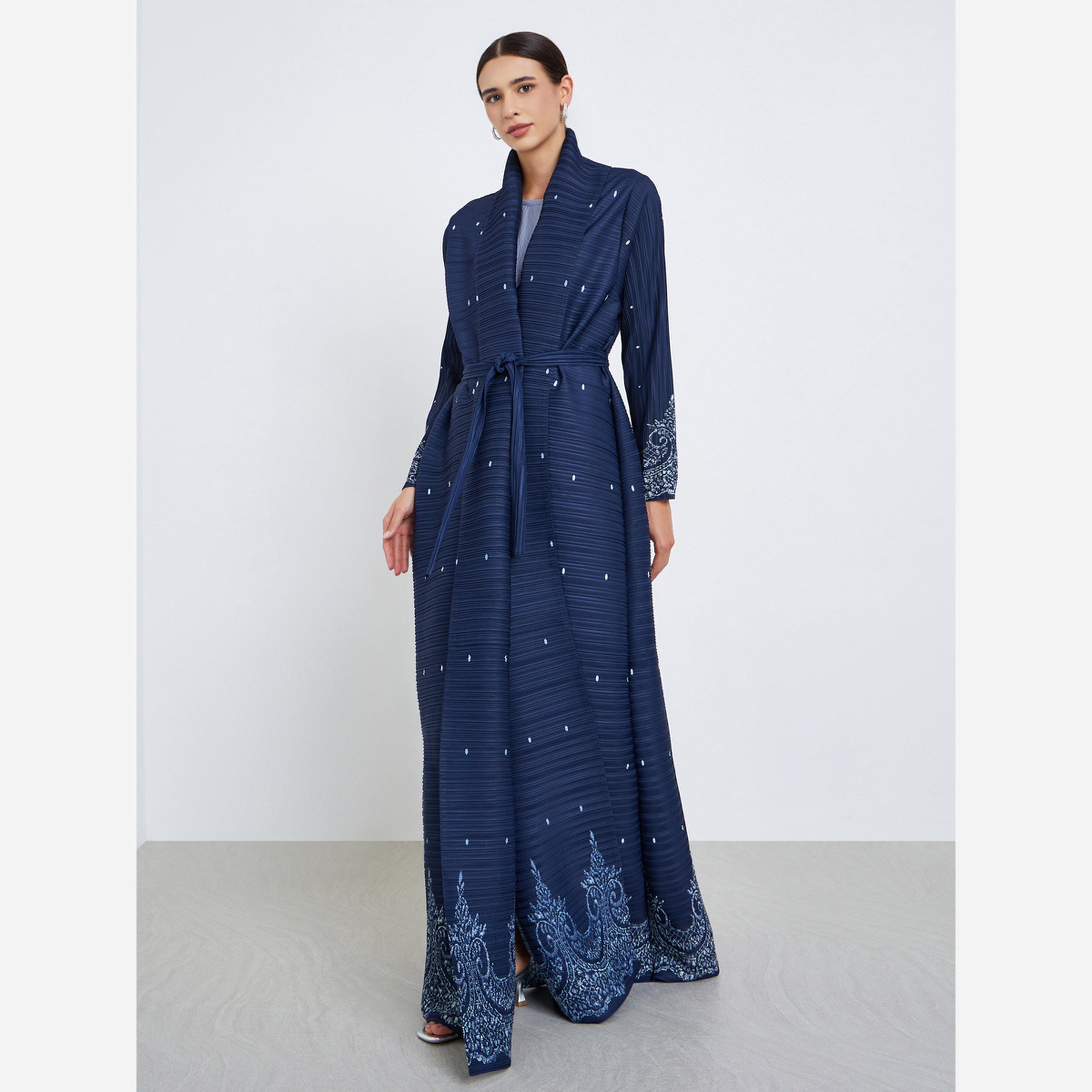 Take Two Floral Printed Textured Pleated Long Sleeve Abaya-women-arabicclothing-abayas-image-2