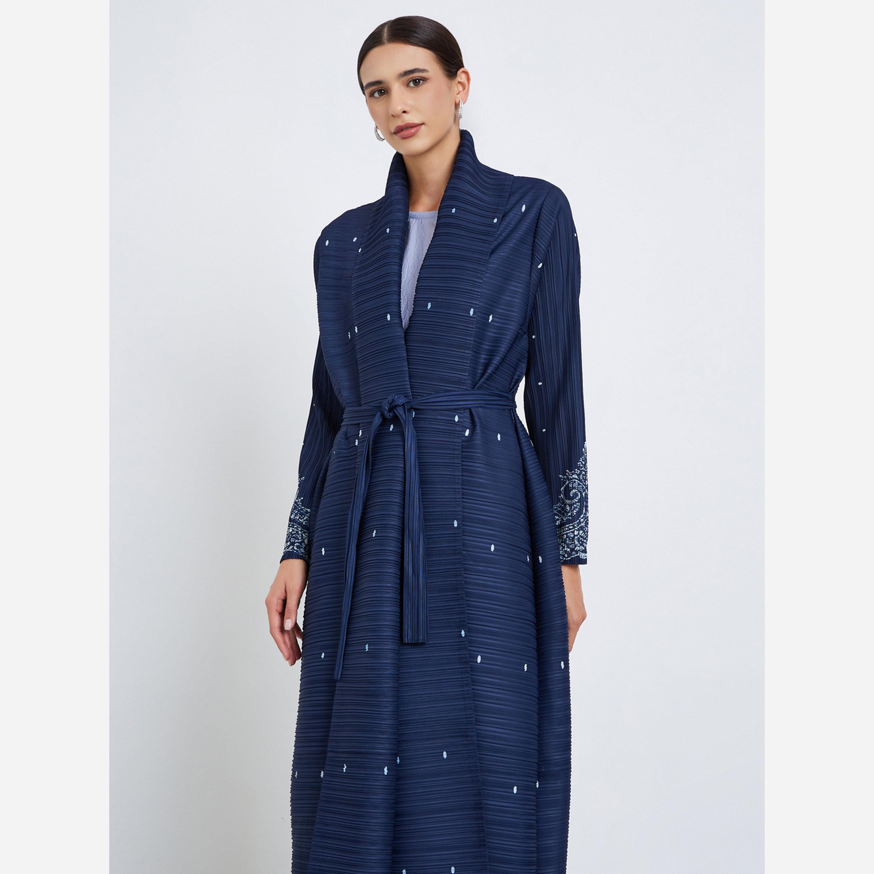 Take Two Floral Printed Textured Pleated Long Sleeve Abaya-women-arabicclothing-abayas-image-3