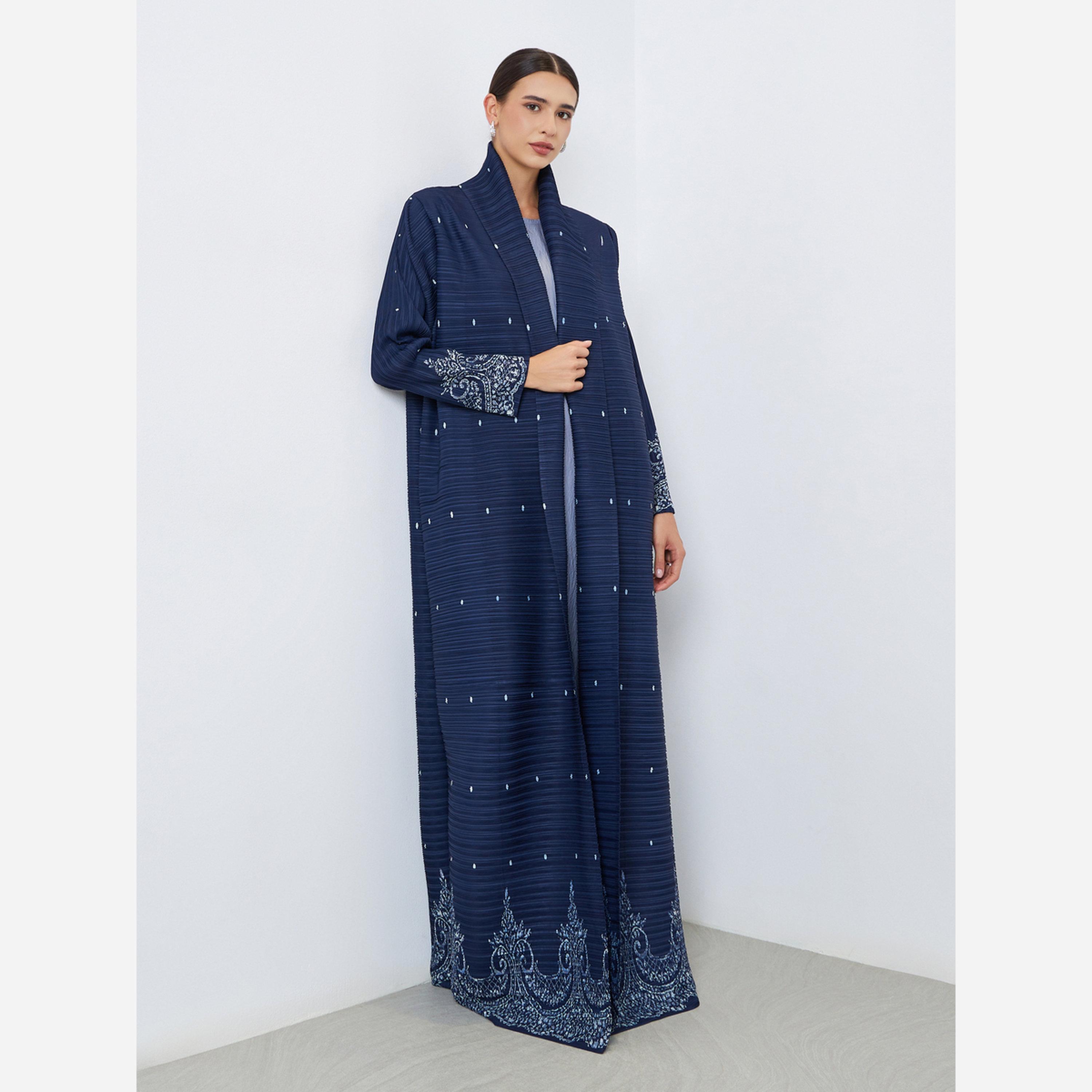 Take Two Floral Printed Textured Pleated Long Sleeve Abaya-women-arabicclothing-abayas-image-4