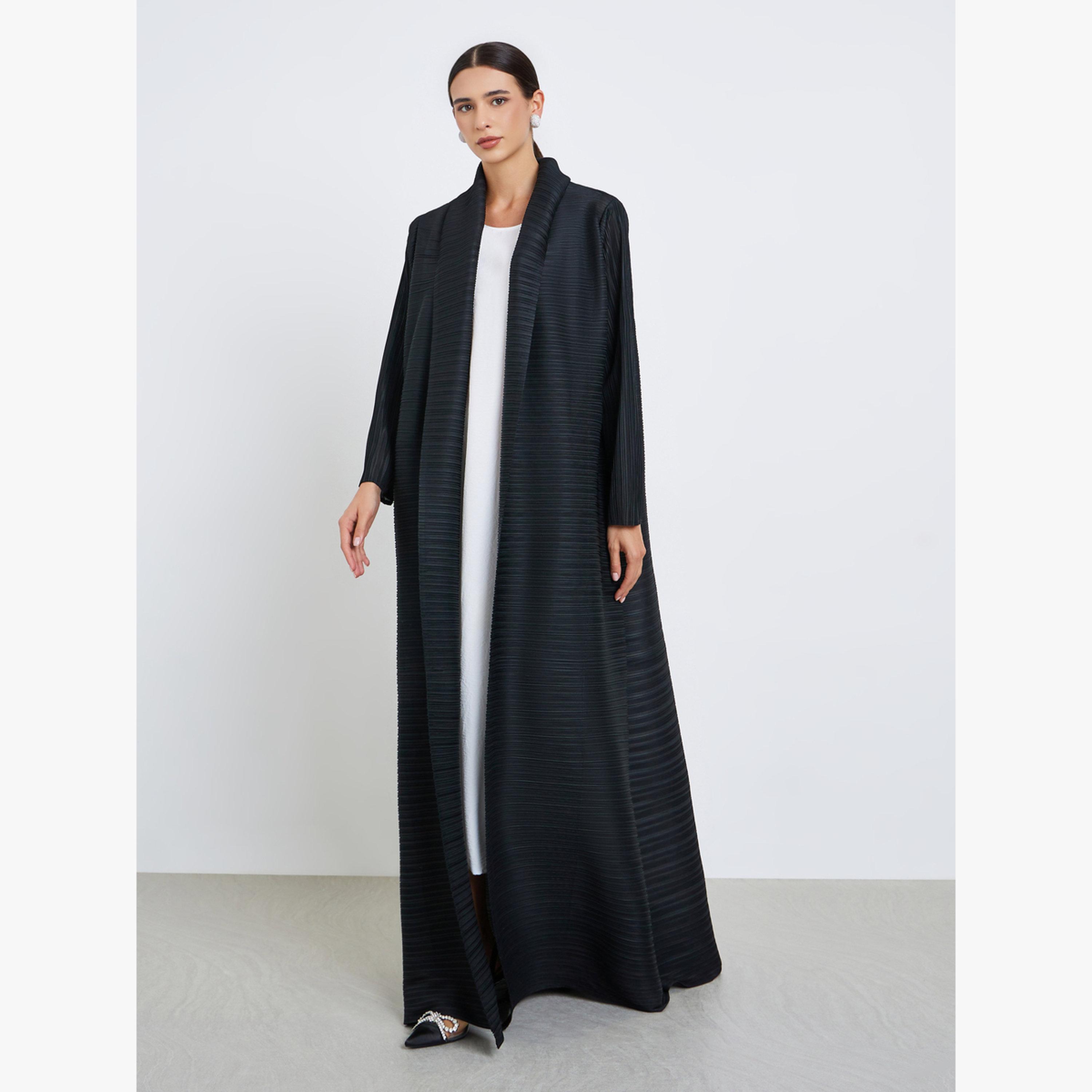 عباية سادة محبوكة بكسرات وأكمام طويلة-women-arabicclothing-abayas-image-1