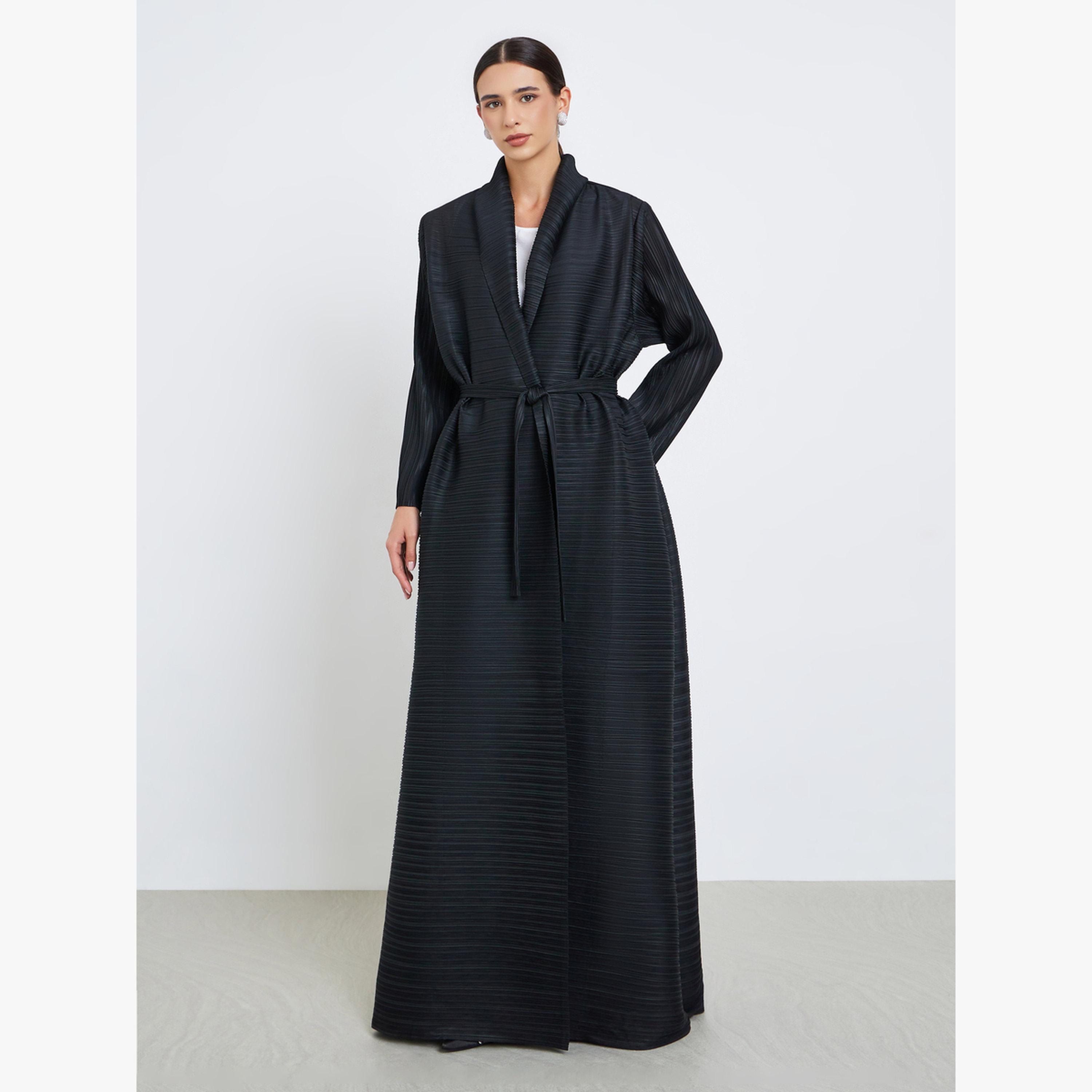 عباية سادة محبوكة بكسرات وأكمام طويلة-women-arabicclothing-abayas-image-2