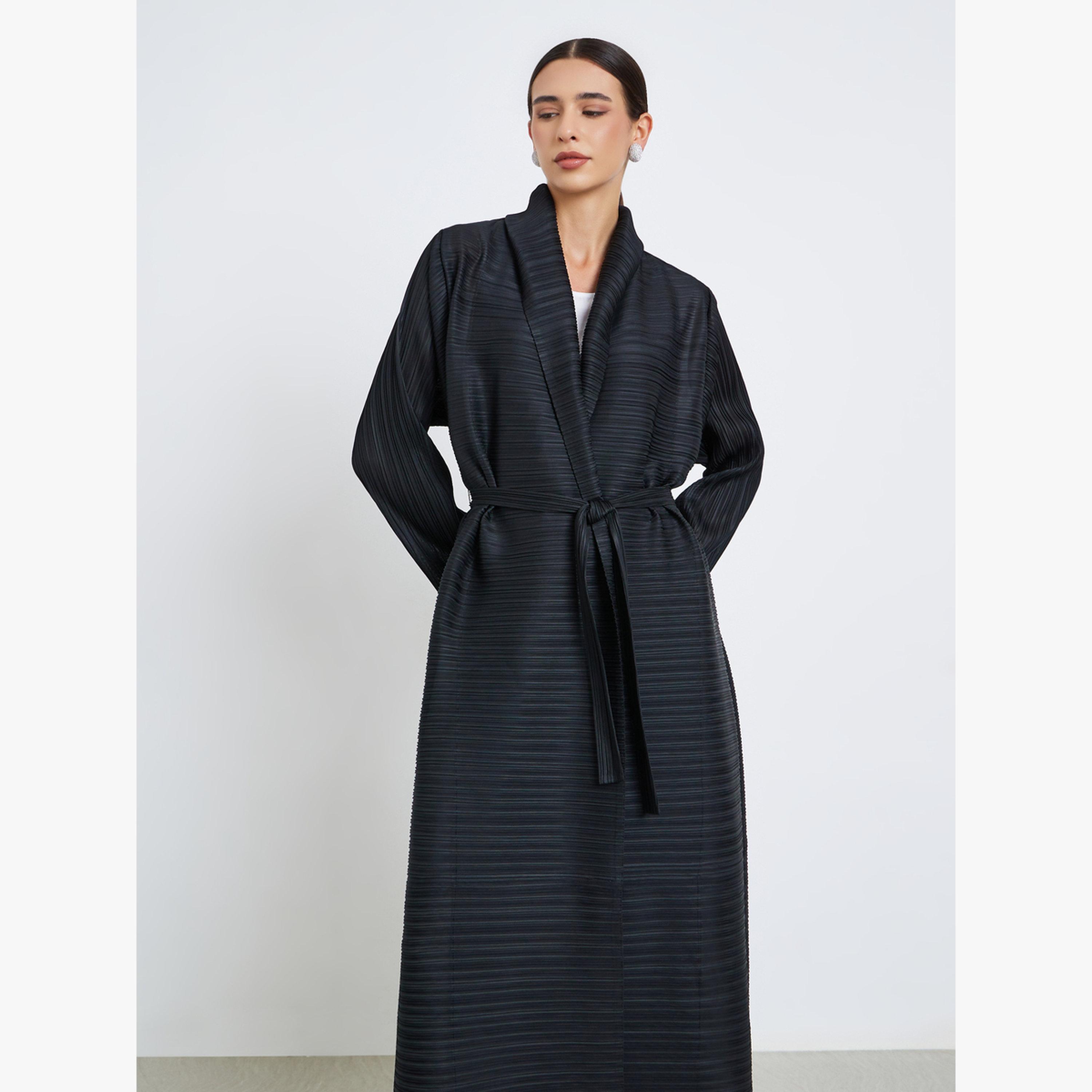 Take Two Solid Textured Pleated Long Sleeve Abaya-women-arabicclothing-abayas-image-3