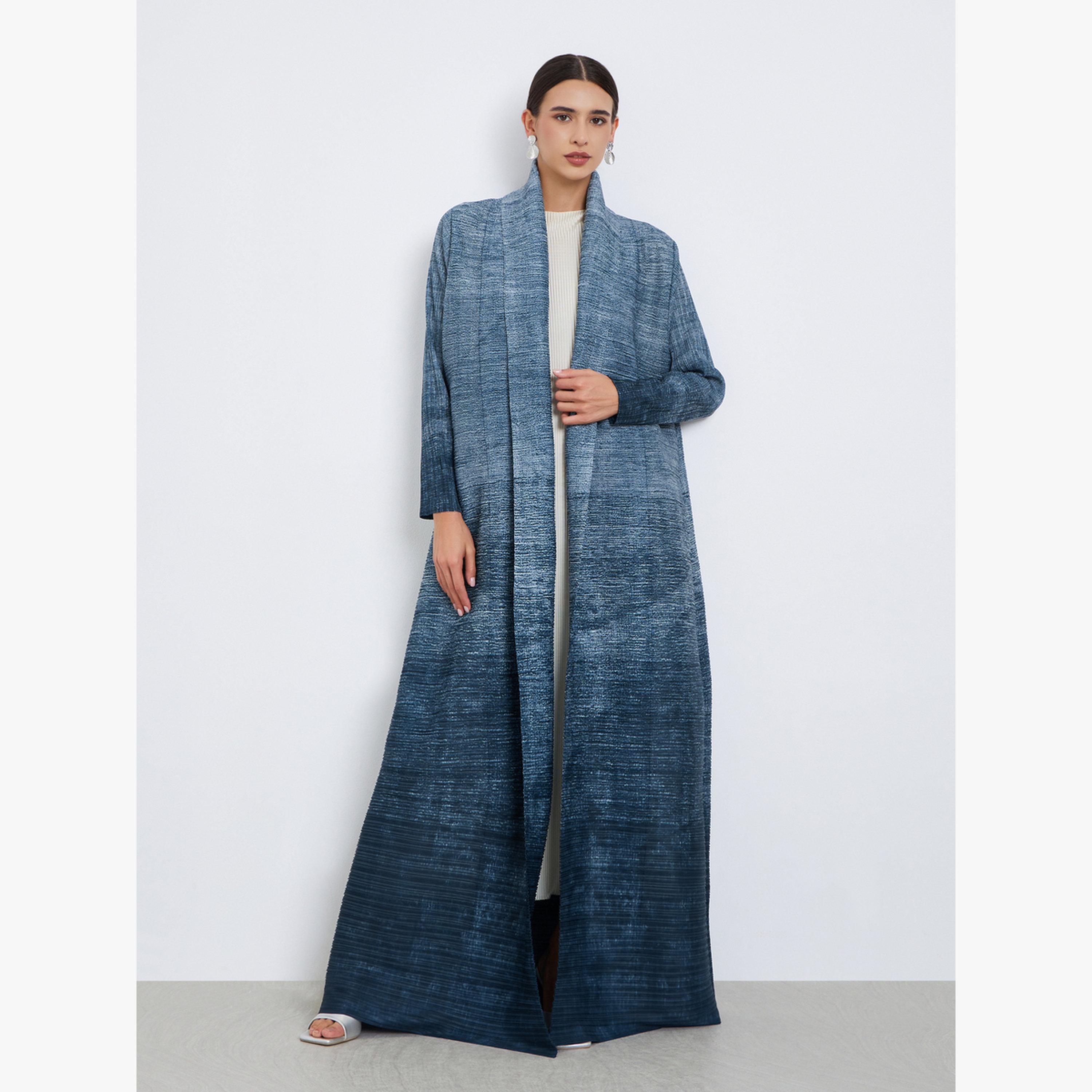 عباية محبوكة بكسرات بتدرج لوني وأكمام طويلة-women-arabicclothing-abayas-image-1