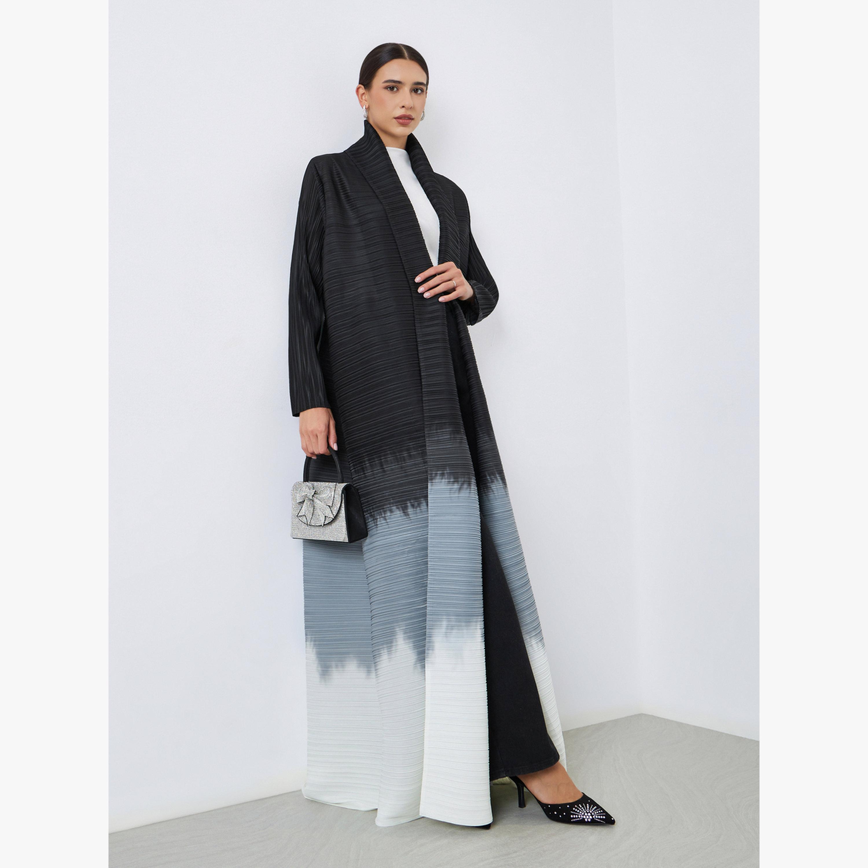 Take Two Color Blocked Textured Pleated Belted Long Sleeve Abaya-women-arabicclothing-abayas-image-1