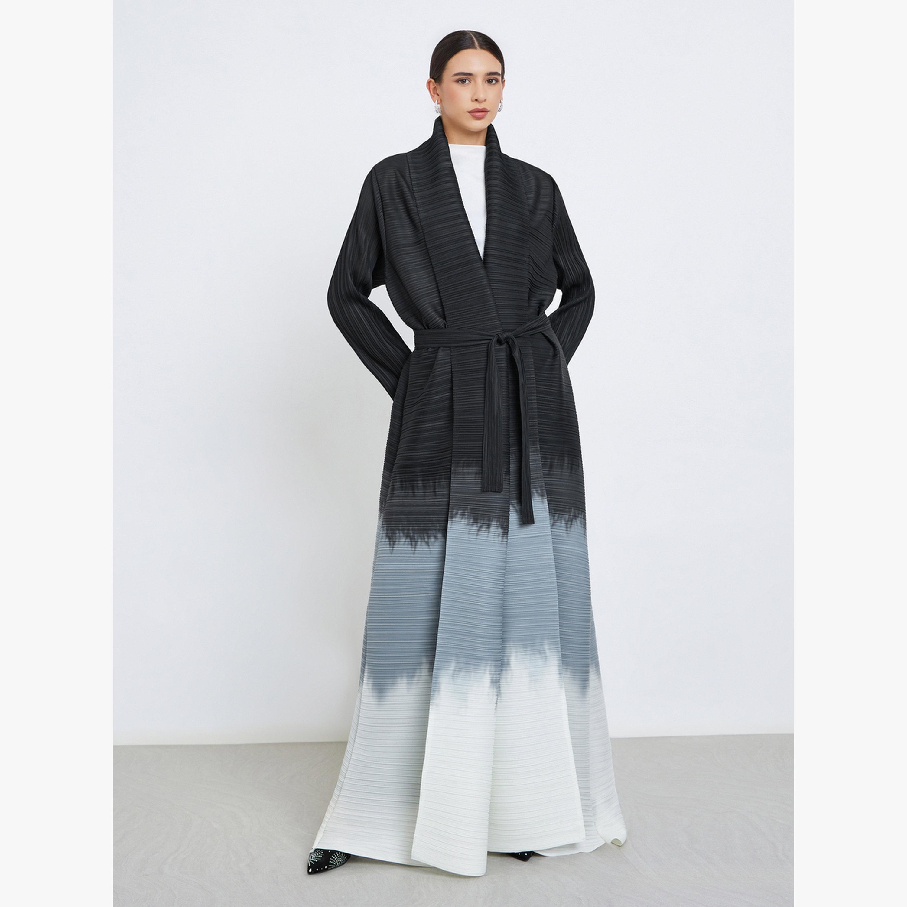 عباية محبوكة بكسرات بلونين وحزام وأكمام طويلة-women-arabicclothing-abayas-image-2