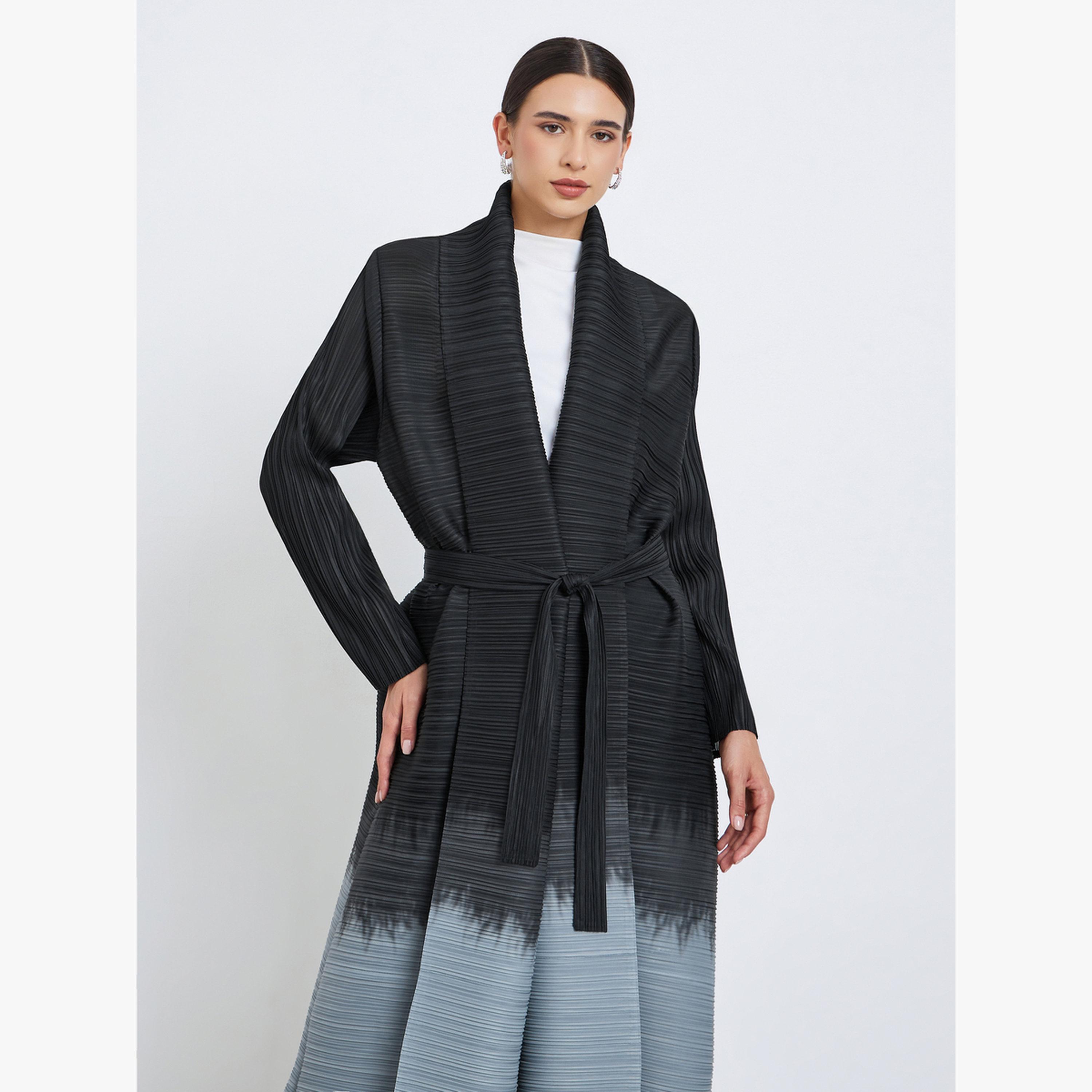 عباية محبوكة بكسرات بلونين وحزام وأكمام طويلة-women-arabicclothing-abayas-image-3