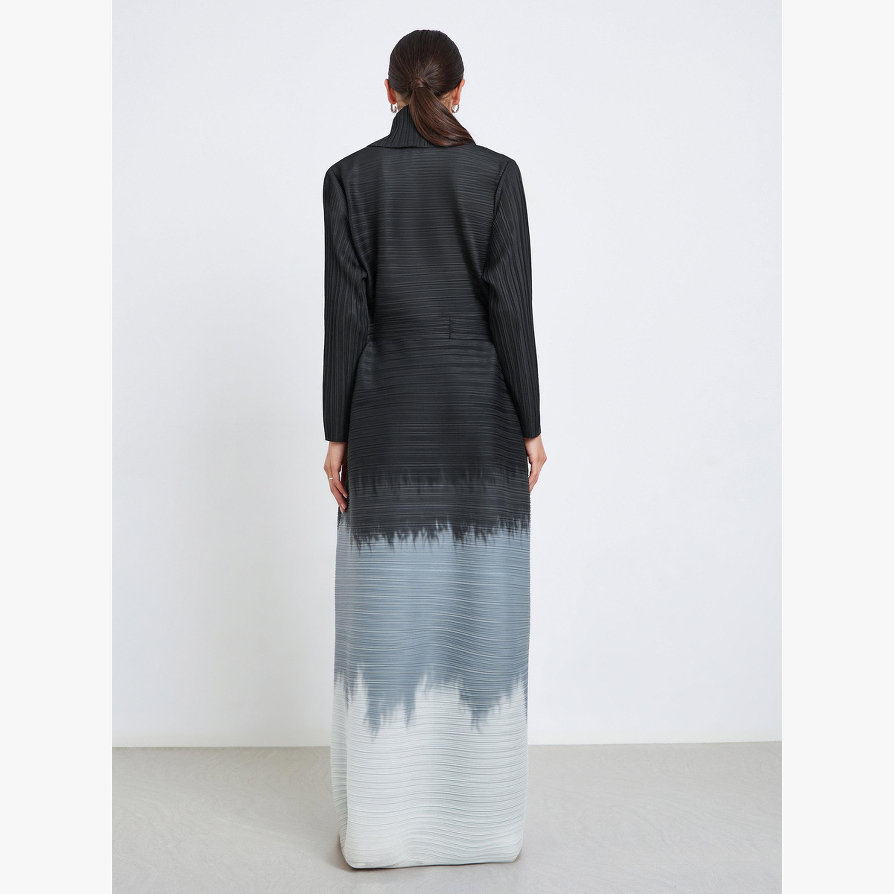 Take Two Color Blocked Textured Pleated Belted Long Sleeve Abaya-women-arabicclothing-abayas-image-5