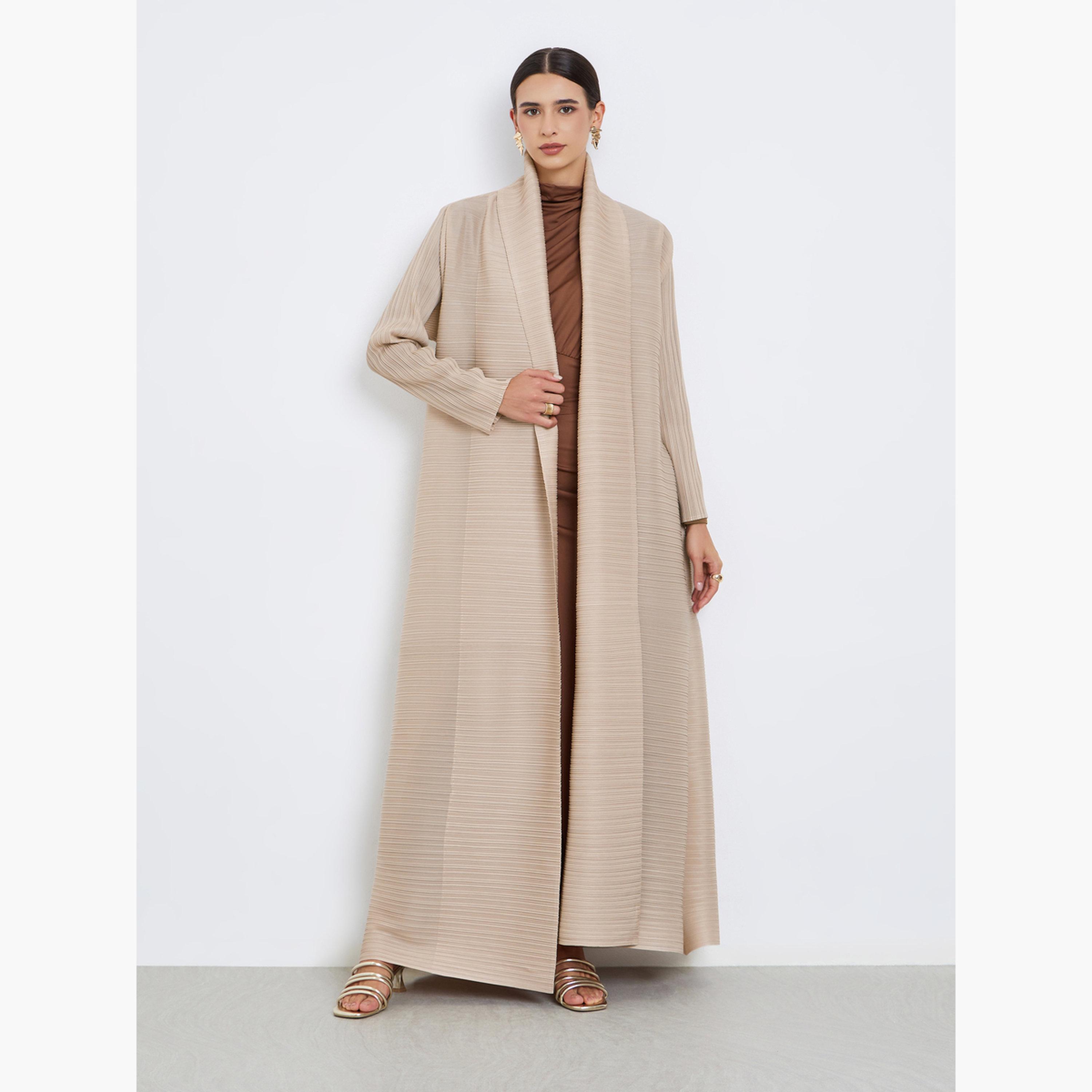 Take Two Solid Textured Pleated Long Sleeve Abaya-women-arabicclothing-abayas-image-1