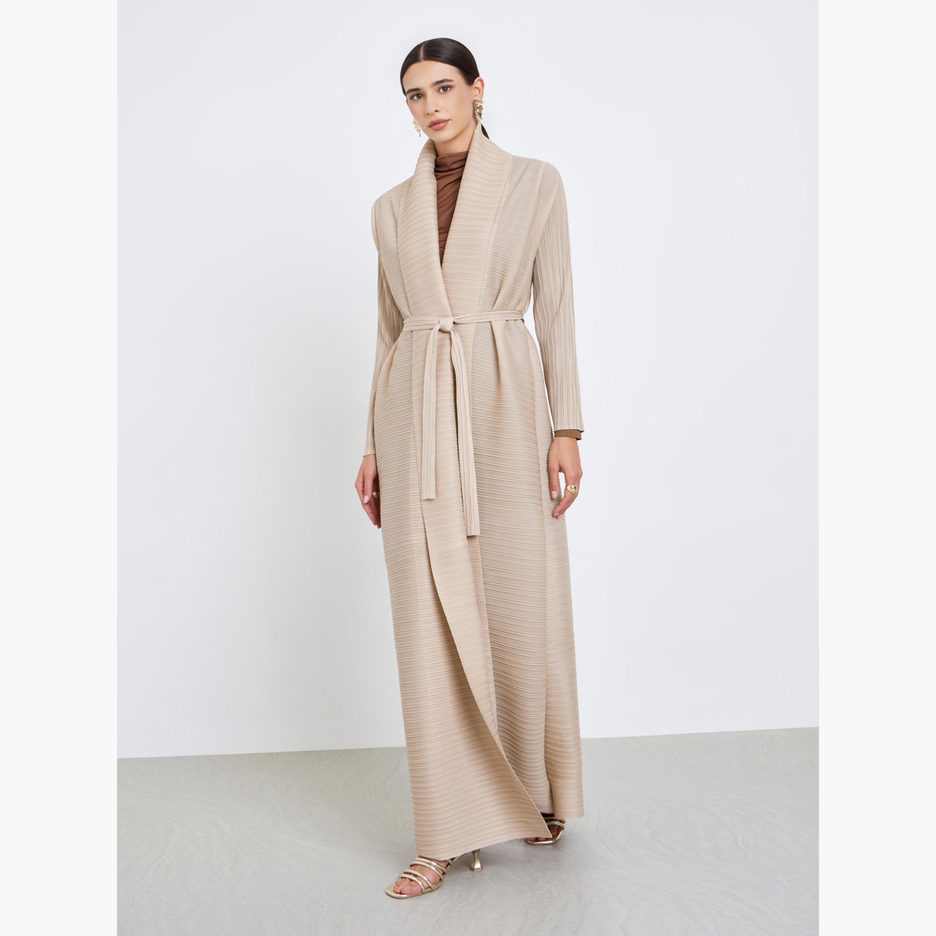 Take Two Solid Textured Pleated Long Sleeve Abaya-women-arabicclothing-abayas-image-2