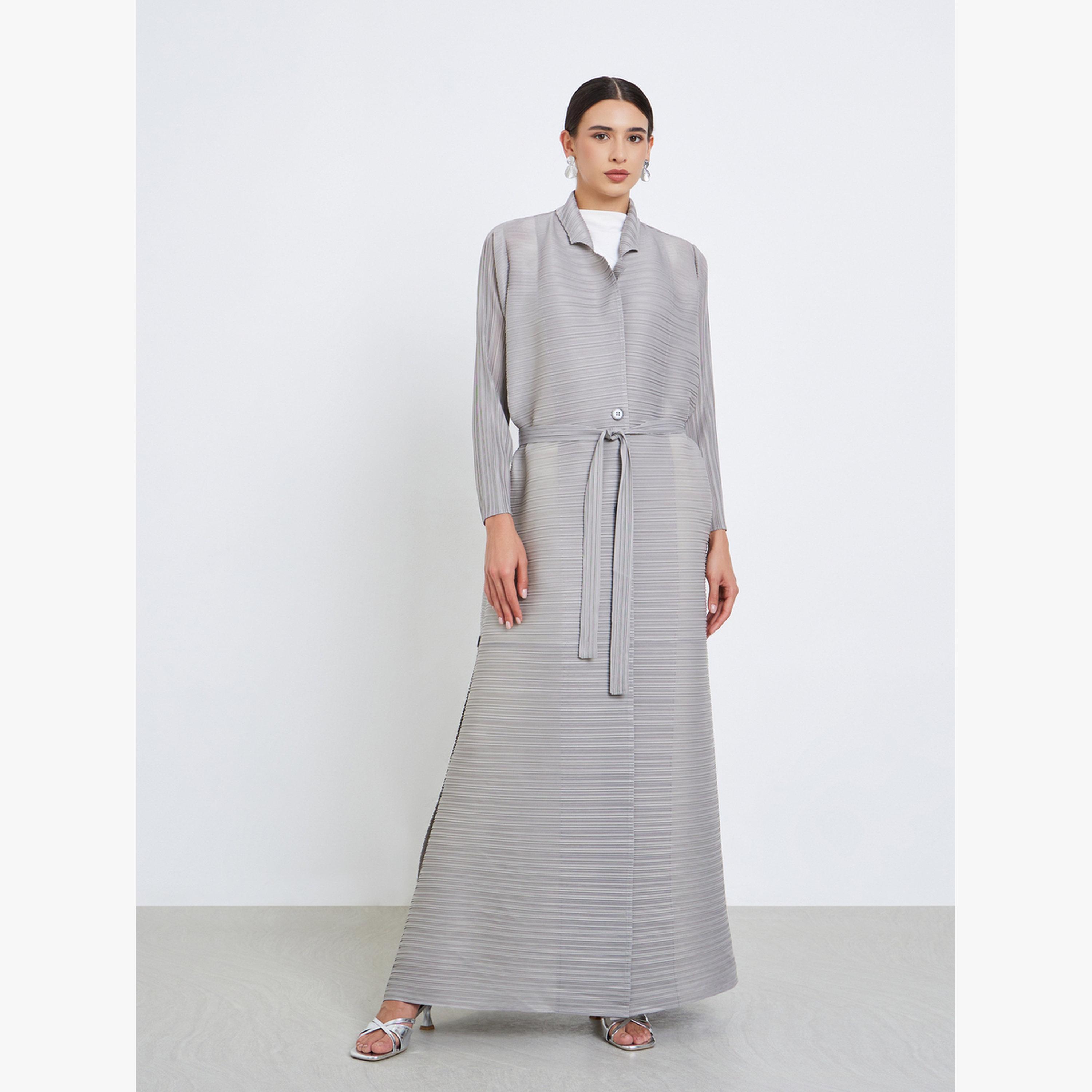 Take Two Solid Textured Pleated Belted Button Front Detail Long Sleeve Abaya-women-arabicclothing-abayas-image-1