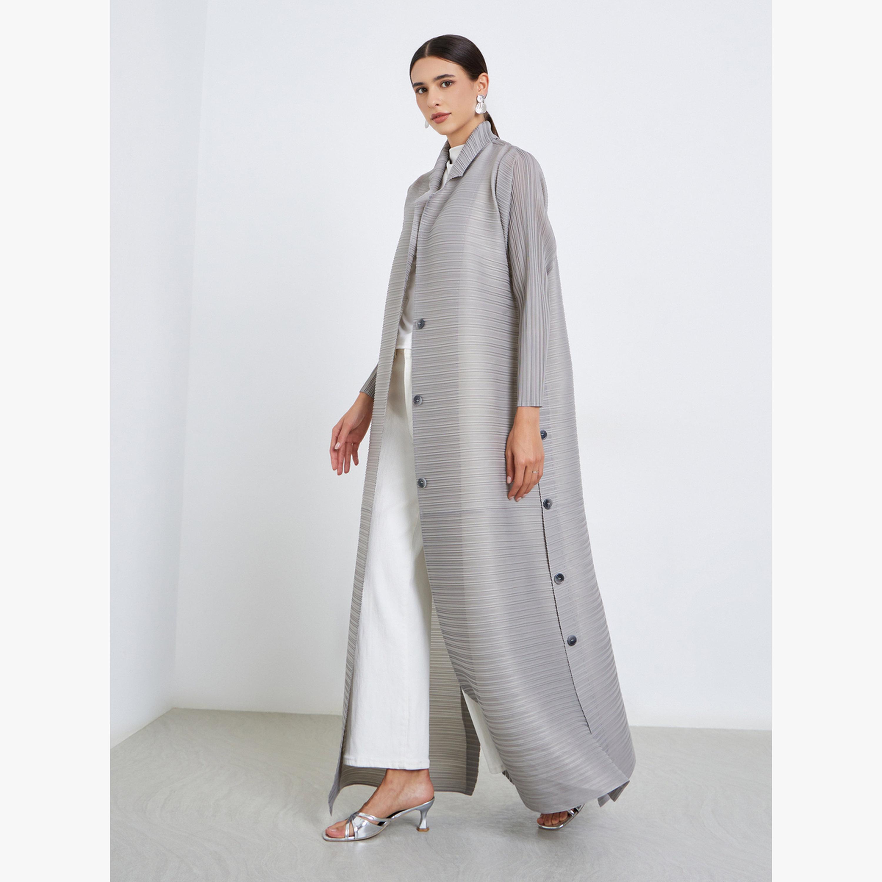 Take Two Solid Textured Pleated Belted Button Front Detail Long Sleeve Abaya-women-arabicclothing-abayas-image-2