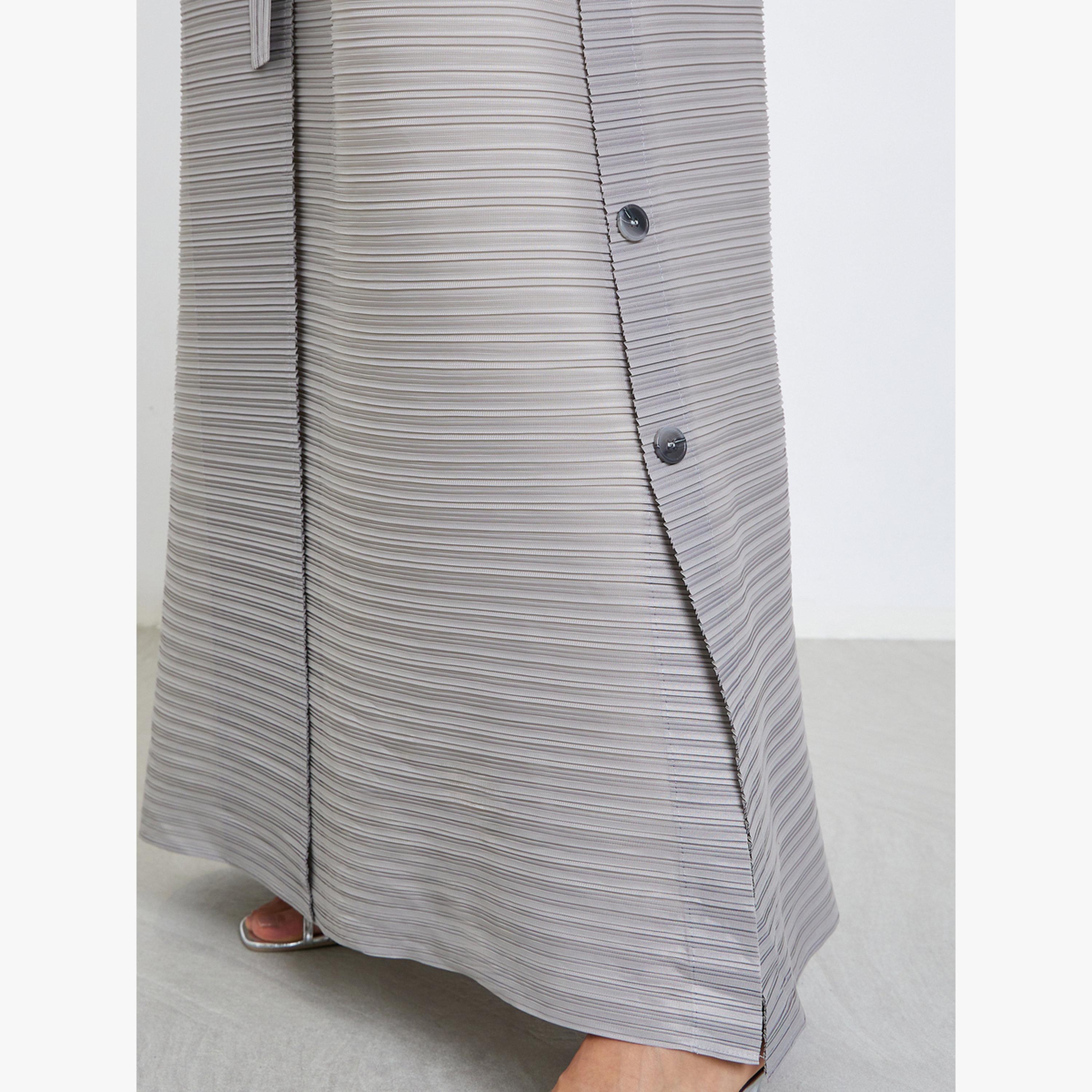 Take Two Solid Textured Pleated Belted Button Front Detail Long Sleeve Abaya-women-arabicclothing-abayas-image-5