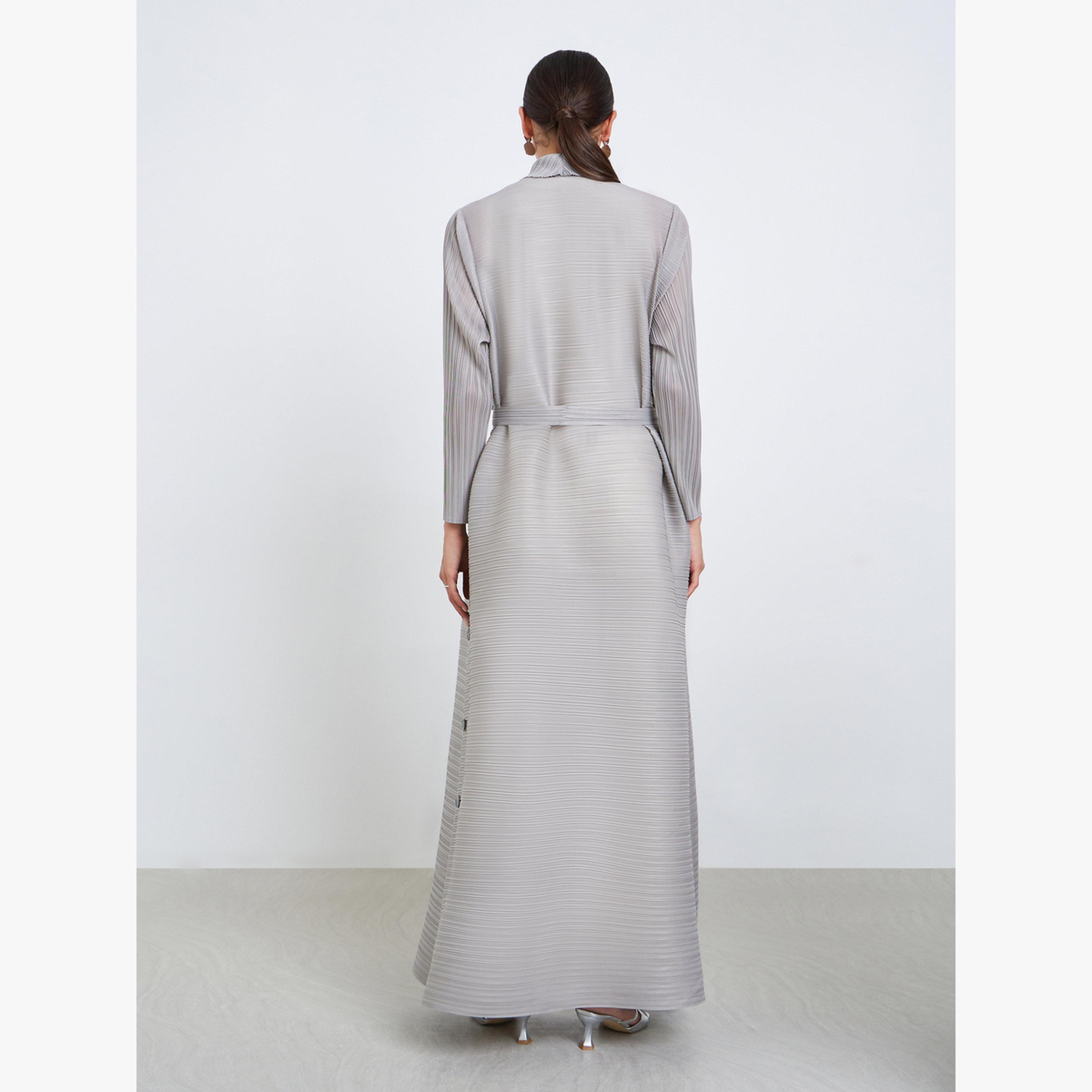 Take Two Solid Textured Pleated Belted Button Front Detail Long Sleeve Abaya-women-arabicclothing-abayas-image-6
