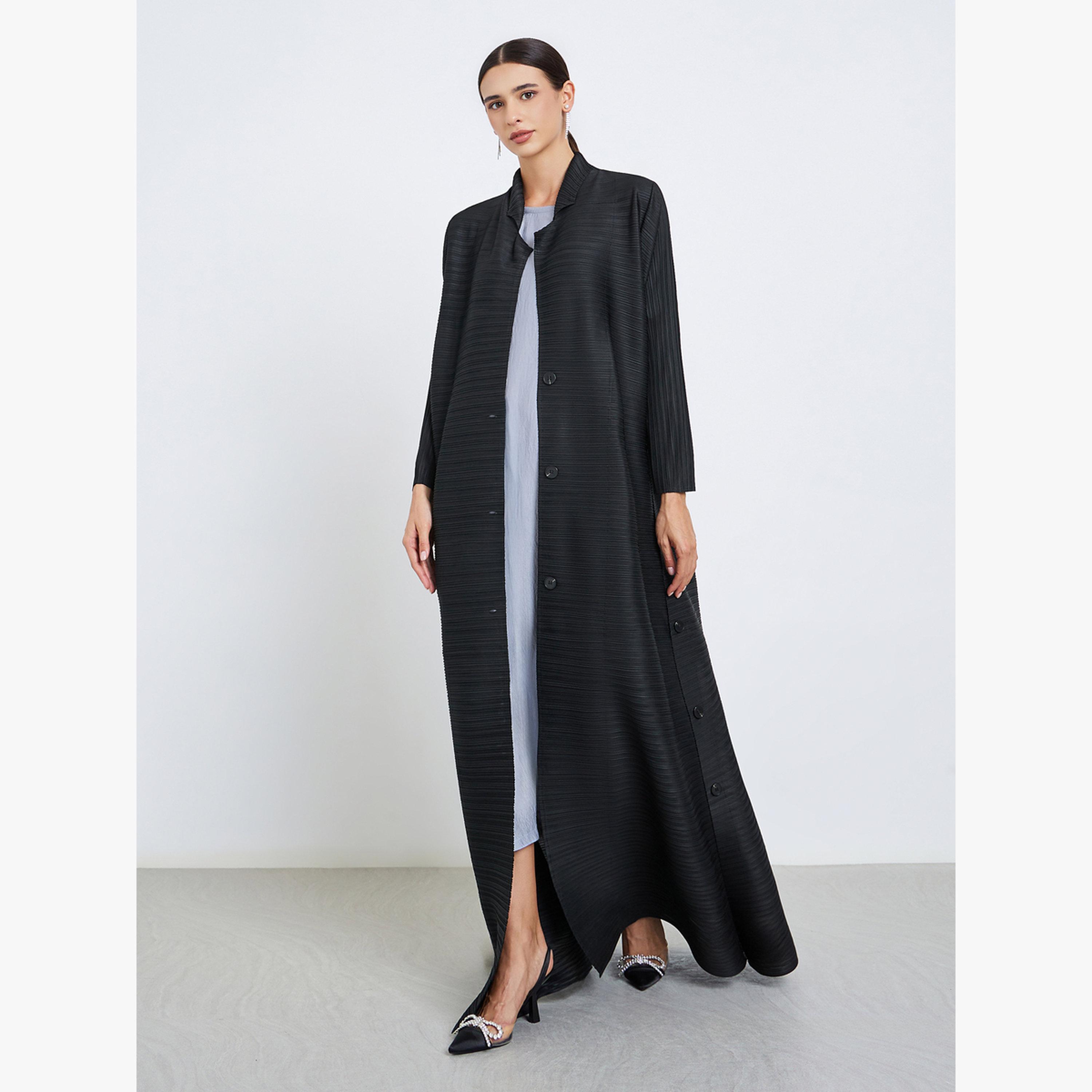 Take Two Solid Textured Pleated Belted Button Front Detail Long Sleeve Abaya-women-arabicclothing-abayas-image-1