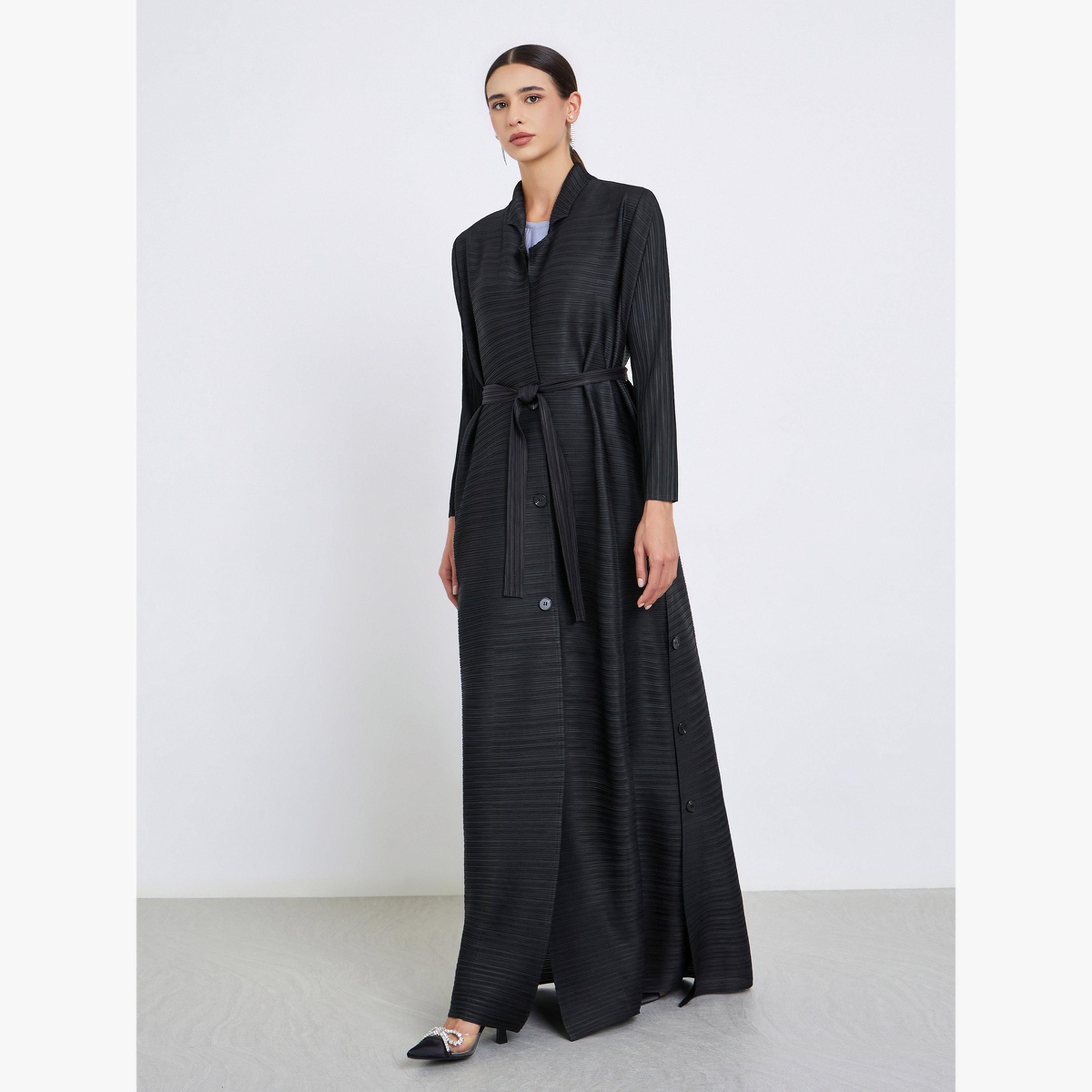 Take Two Solid Textured Pleated Belted Button Front Detail Long Sleeve Abaya-women-arabicclothing-abayas-image-2