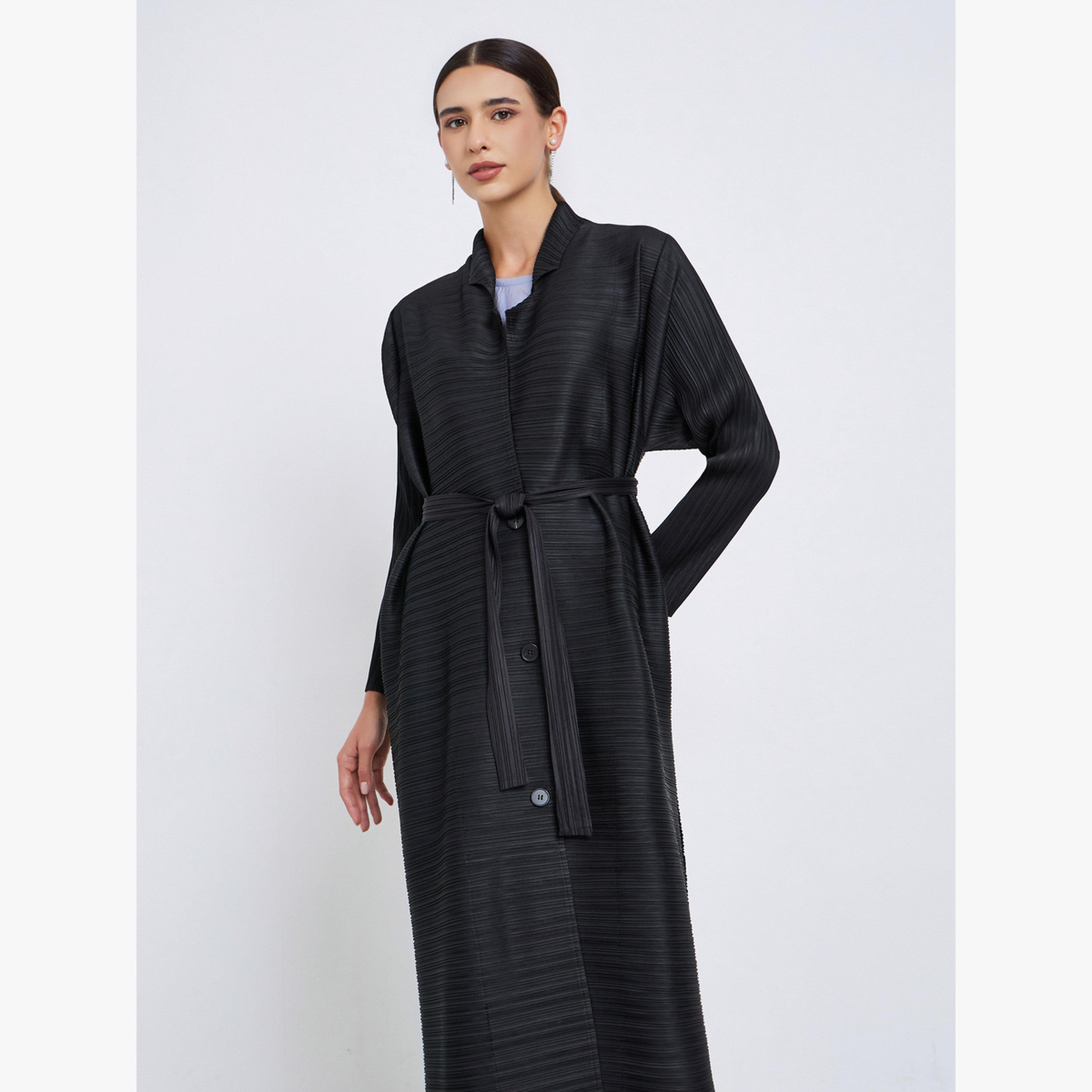 Take Two Solid Textured Pleated Belted Button Front Detail Long Sleeve Abaya-women-arabicclothing-abayas-image-3