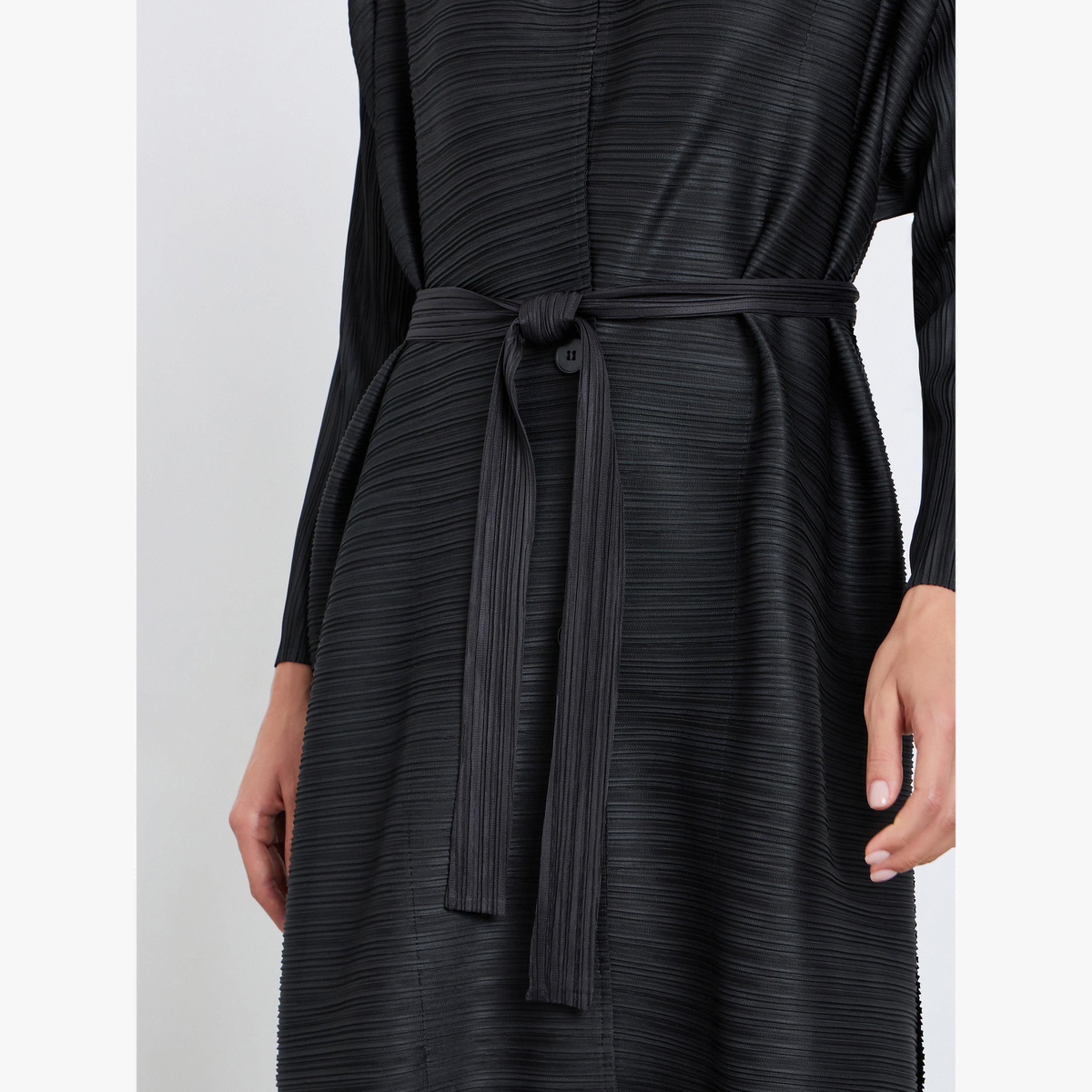 Take Two Solid Textured Pleated Belted Button Front Detail Long Sleeve Abaya-women-arabicclothing-abayas-image-4