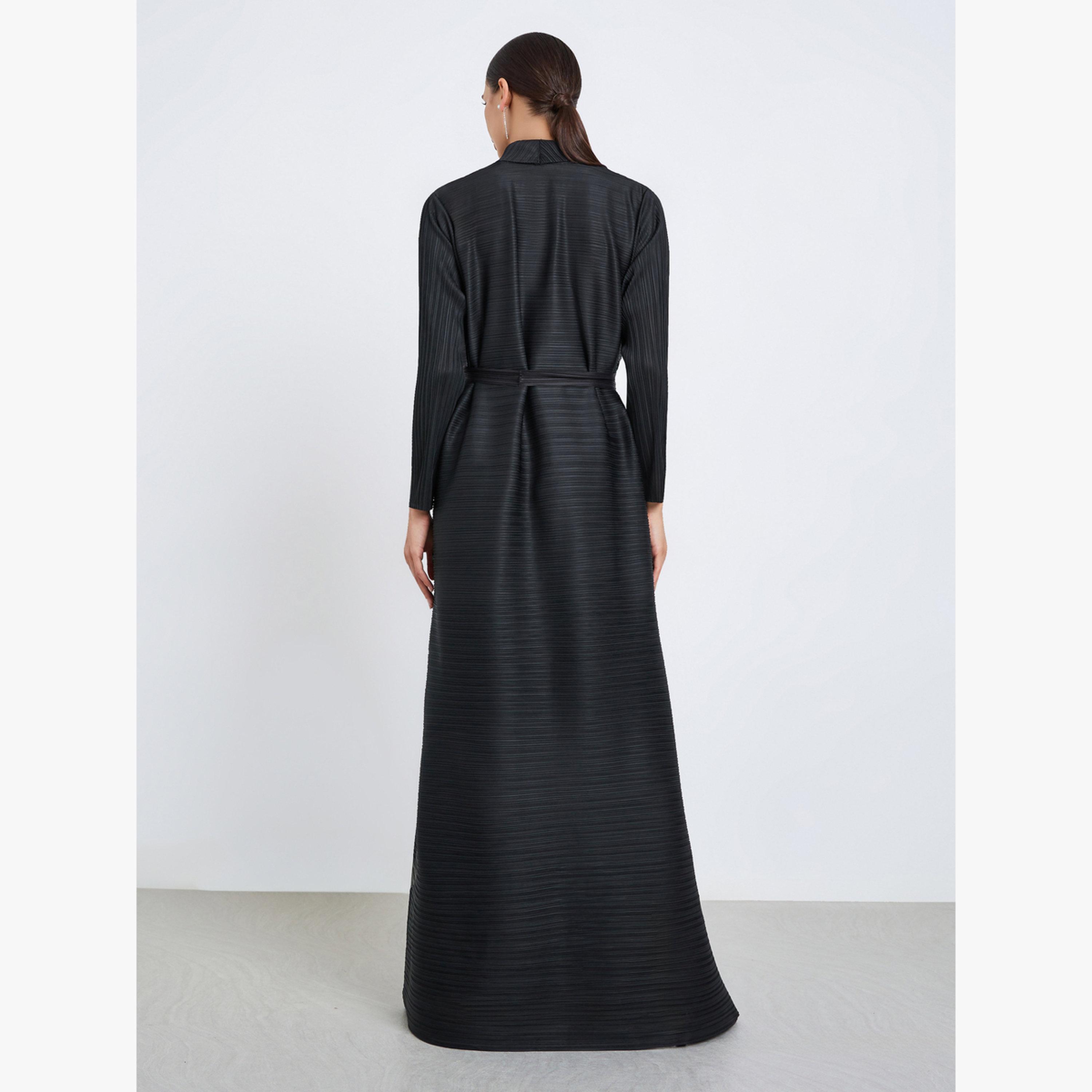 Take Two Solid Textured Pleated Belted Button Front Detail Long Sleeve Abaya-women-arabicclothing-abayas-image-6