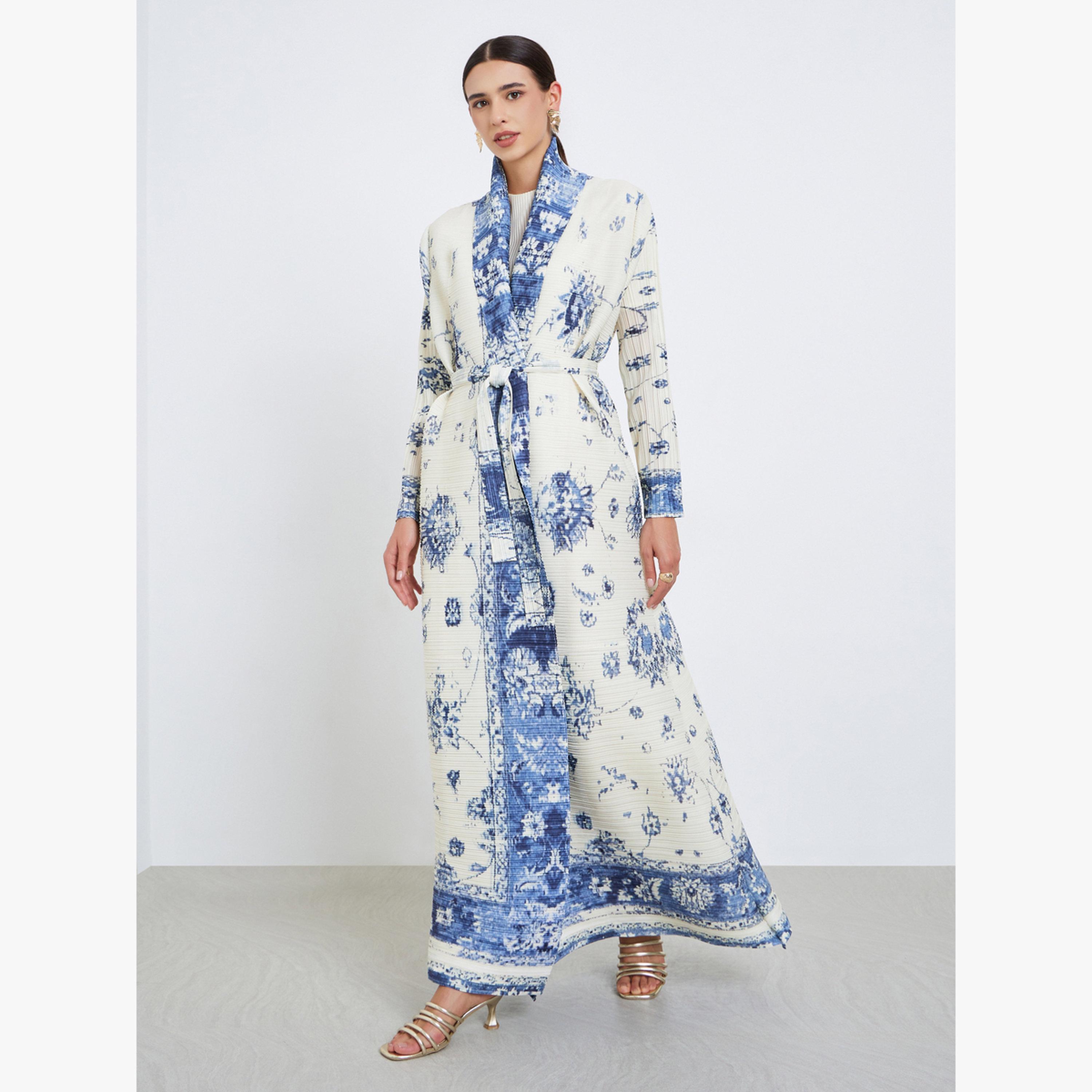 عباية محبوكة بكسرات بطبعة زهور وأكمام طويلة-women-arabicclothing-abayas-image-1