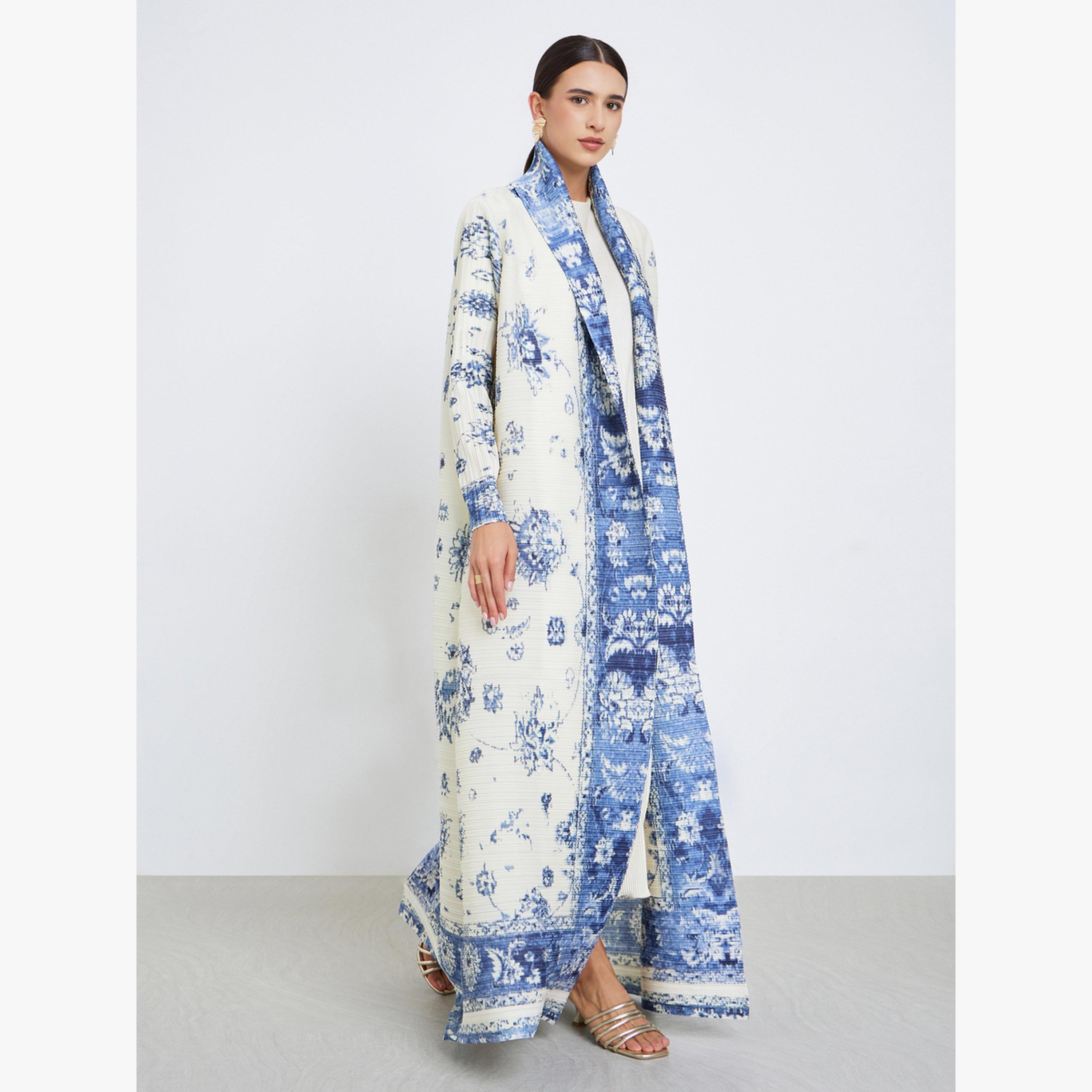 Take Two Floral Printed Textured Pleated Long Sleeve Abaya-women-arabicclothing-abayas-image-2