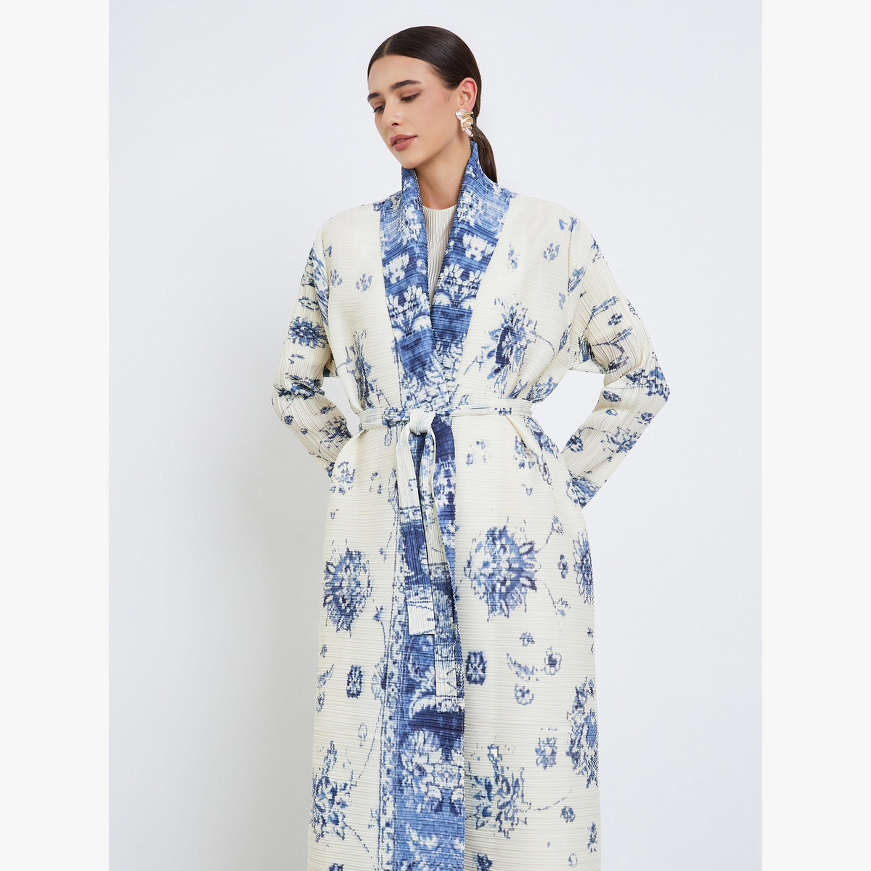 Take Two Floral Printed Textured Pleated Long Sleeve Abaya-women-arabicclothing-abayas-image-3