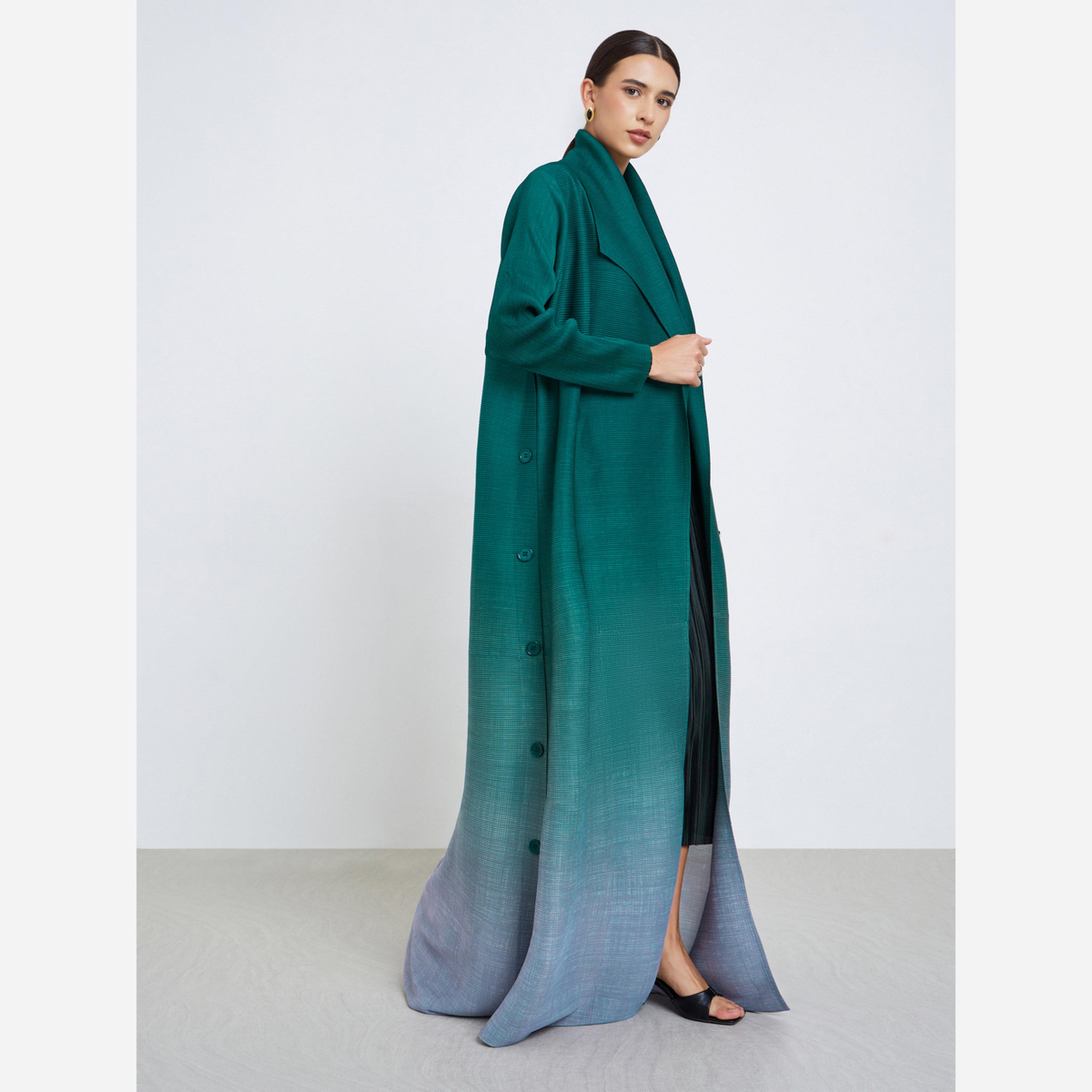 Take Two Ombre Textured Pleated Button Side Detail Long Sleeve Abaya-women-arabicclothing-abayas-image-2