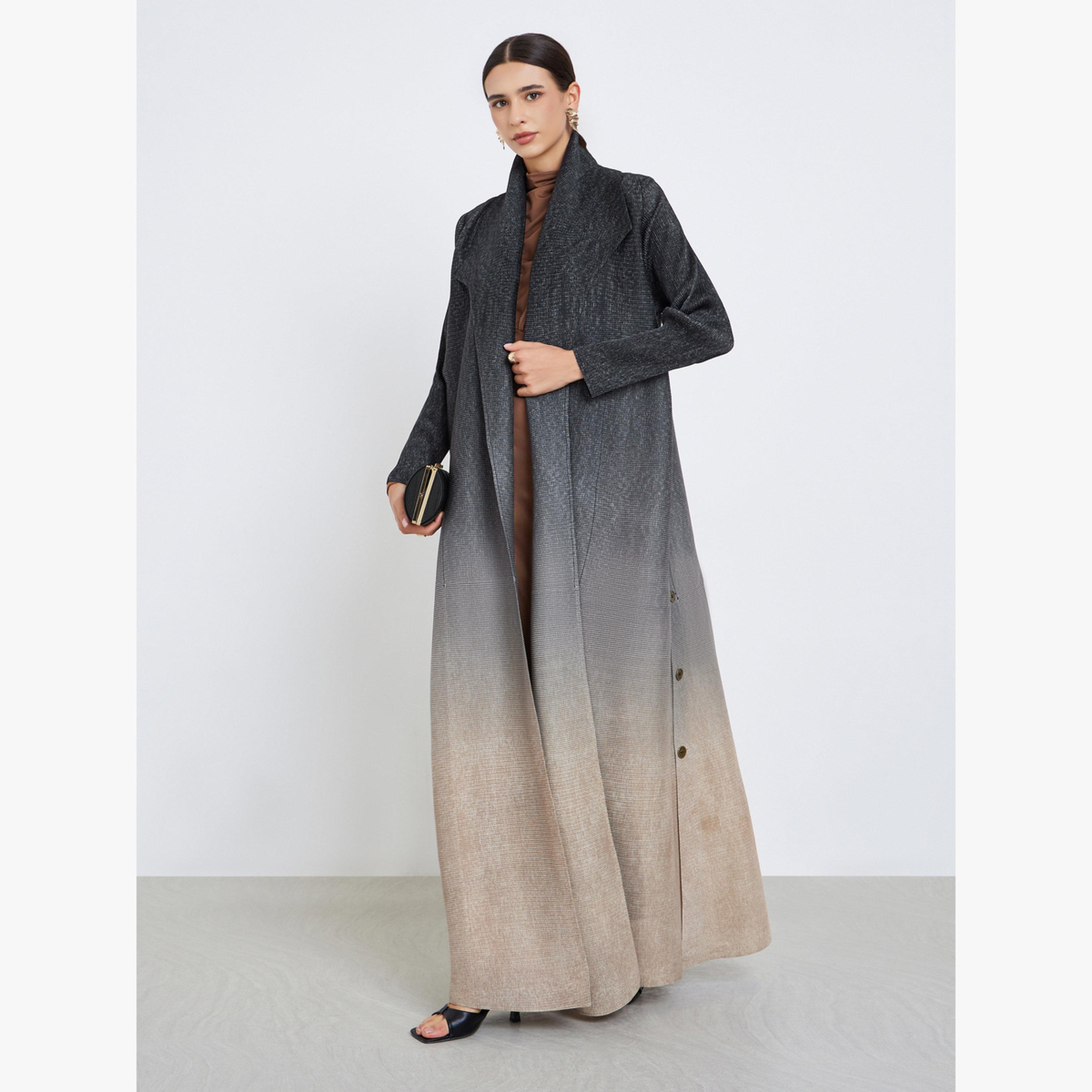 عباية محبوكة بكسرات بتدرج لوني وتفصيلة أزرار جانبية وأكمام طويلة-women-arabicclothing-abayas-image-1