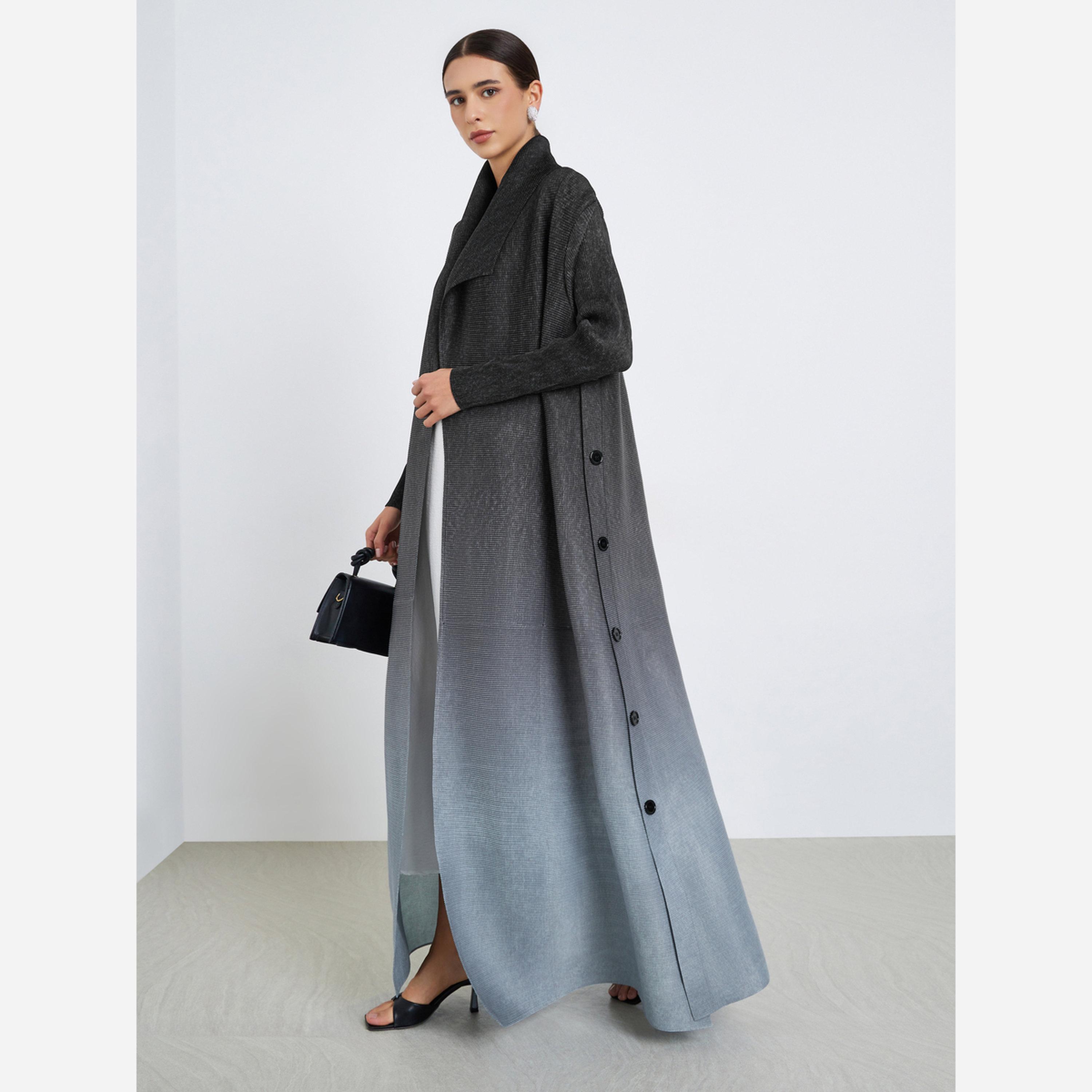 Take Two Ombre Textured Pleated Button Side Detail Long Sleeve Abaya-women-arabicclothing-abayas-image-2