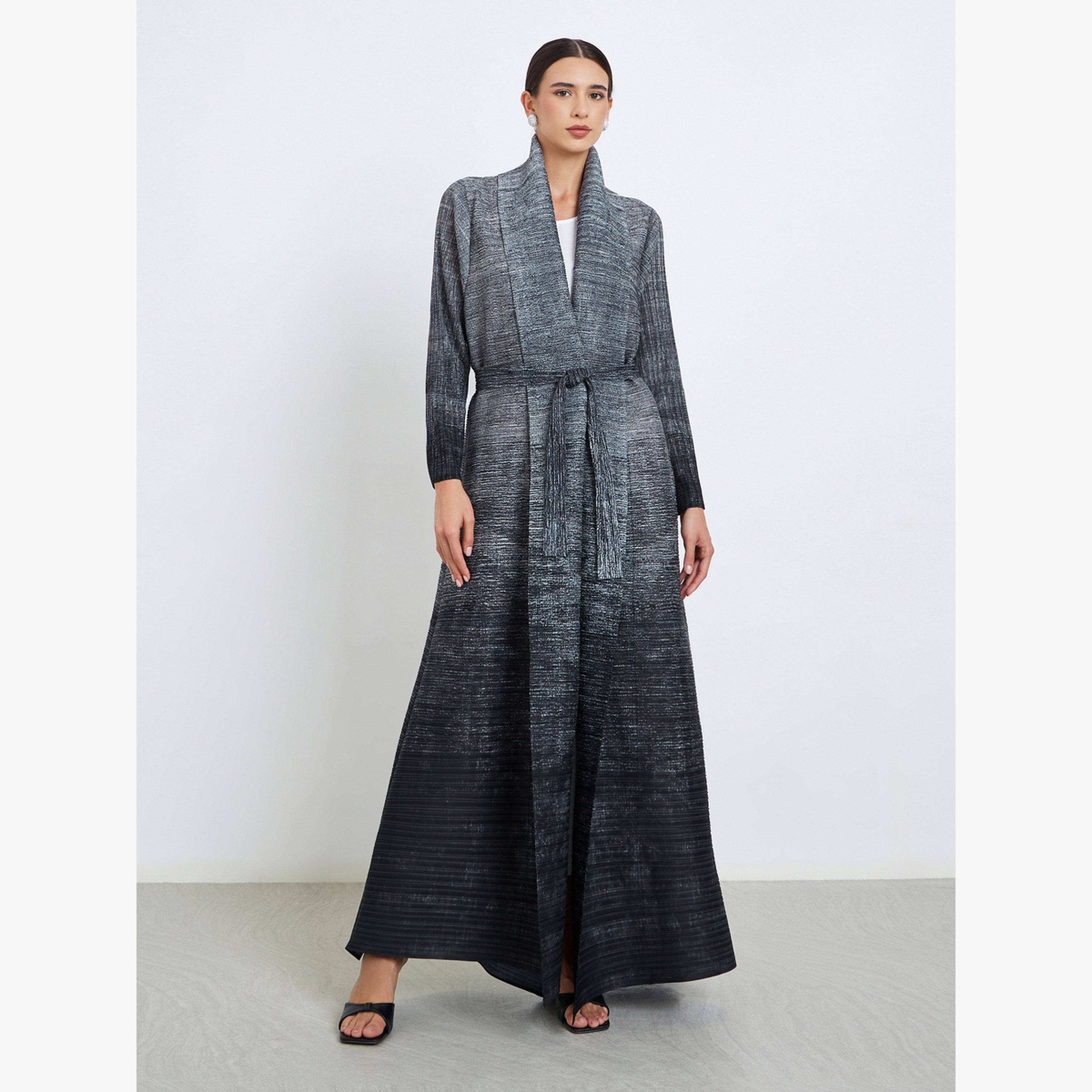 عباية محبوكة بكسرات بتدرج لوني وأكمام طويلة-women-arabicclothing-abayas-image-2