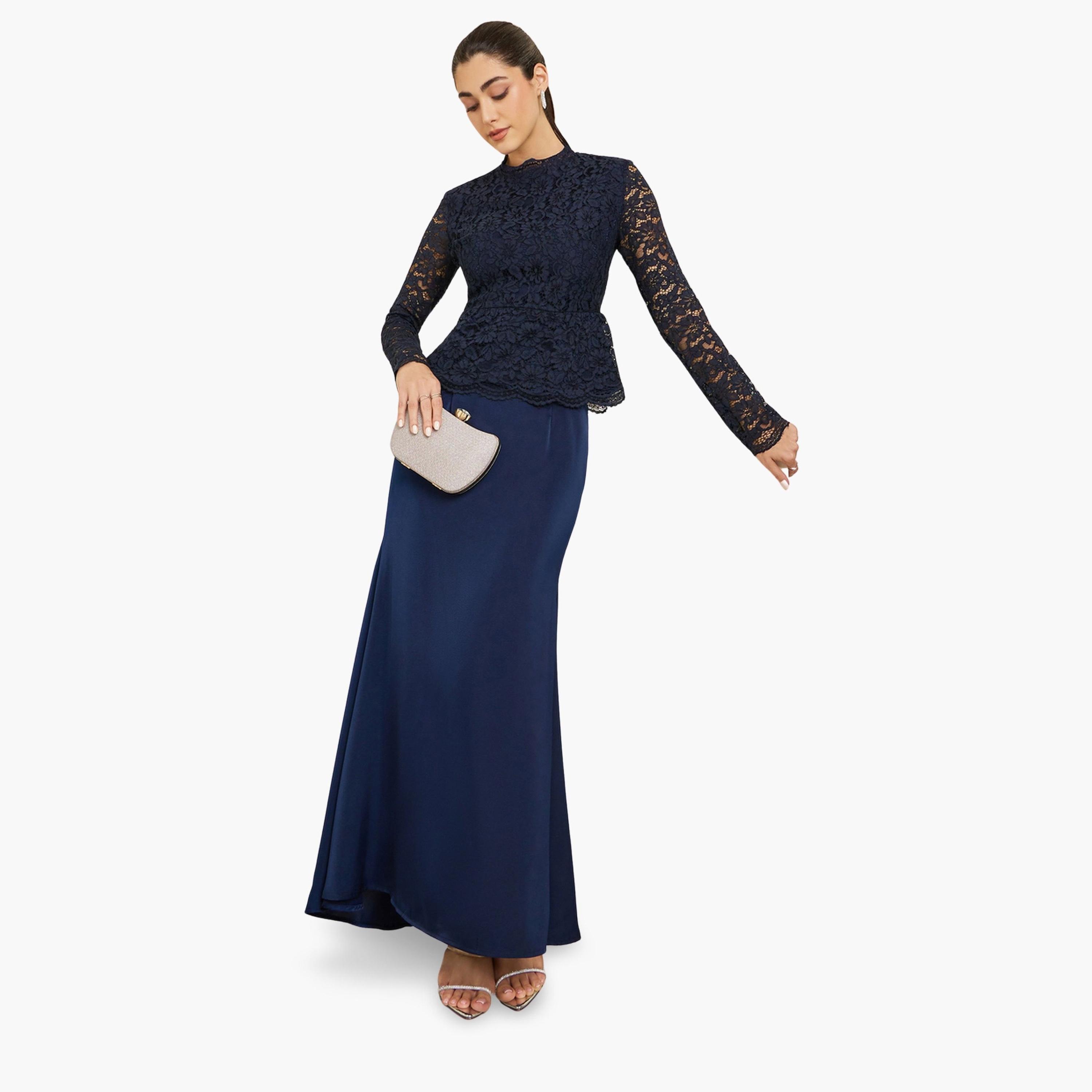 طقم منسق من تنورة ماكسي ساتان وبلوزة دانتيل للنساء-women-clothing-coordsets-image-1