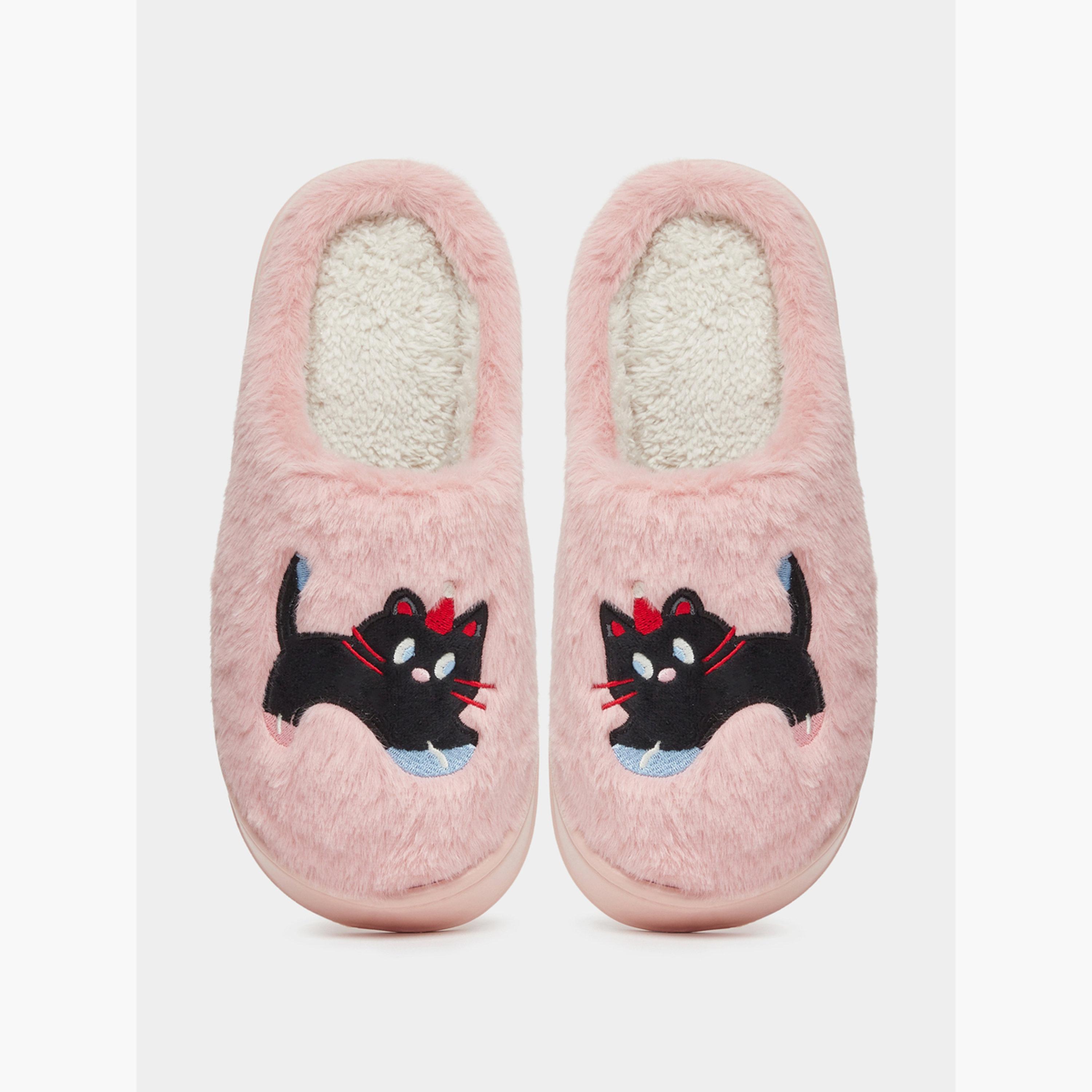 Take Two Solid Plush Embroidered Cat Bedroom Slippers-women-shoes-bedroomslippers-image-5