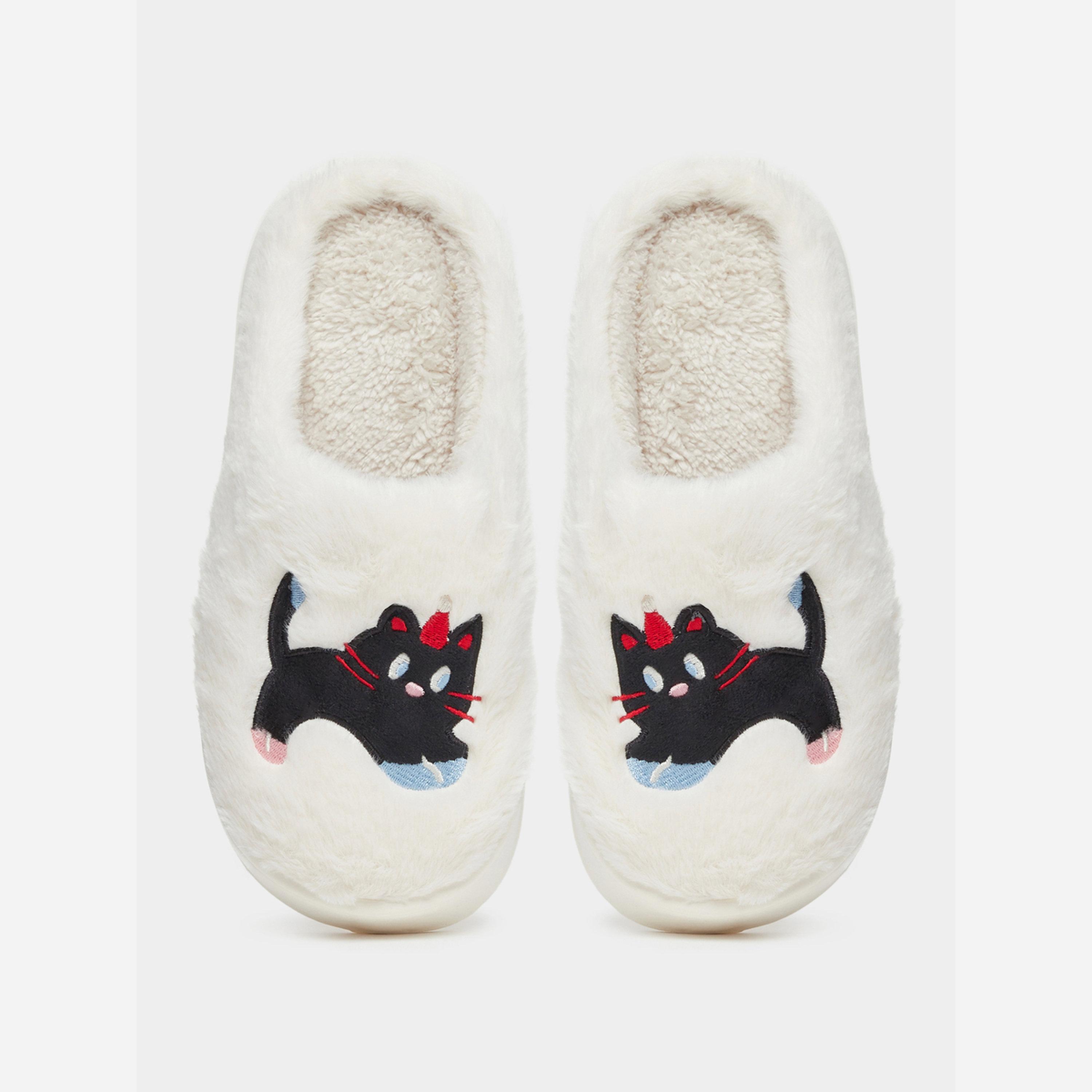 Take Two Solid Plush Embroidered Cat Bedroom Slippers-women-shoes-bedroomslippers-image-3