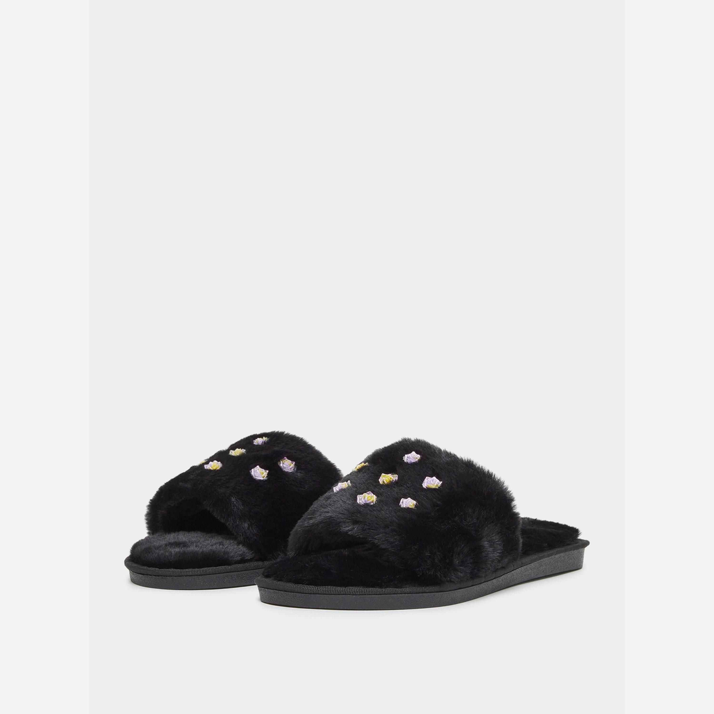 Take Two Solid Plush Flower Embellished Slippers-women-shoes-bedroomslippers-image-1