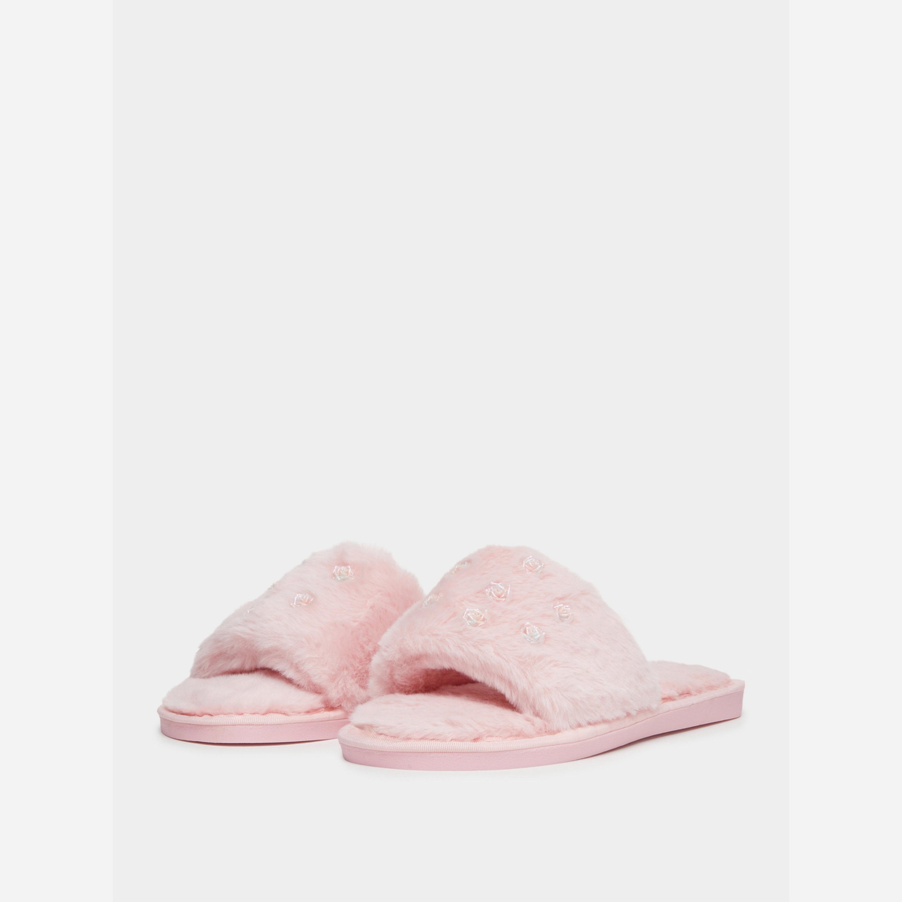 تيك تو - شبشب منزلي مخمل مزين بزهور-women-shoes-bedroomslippers-image-1