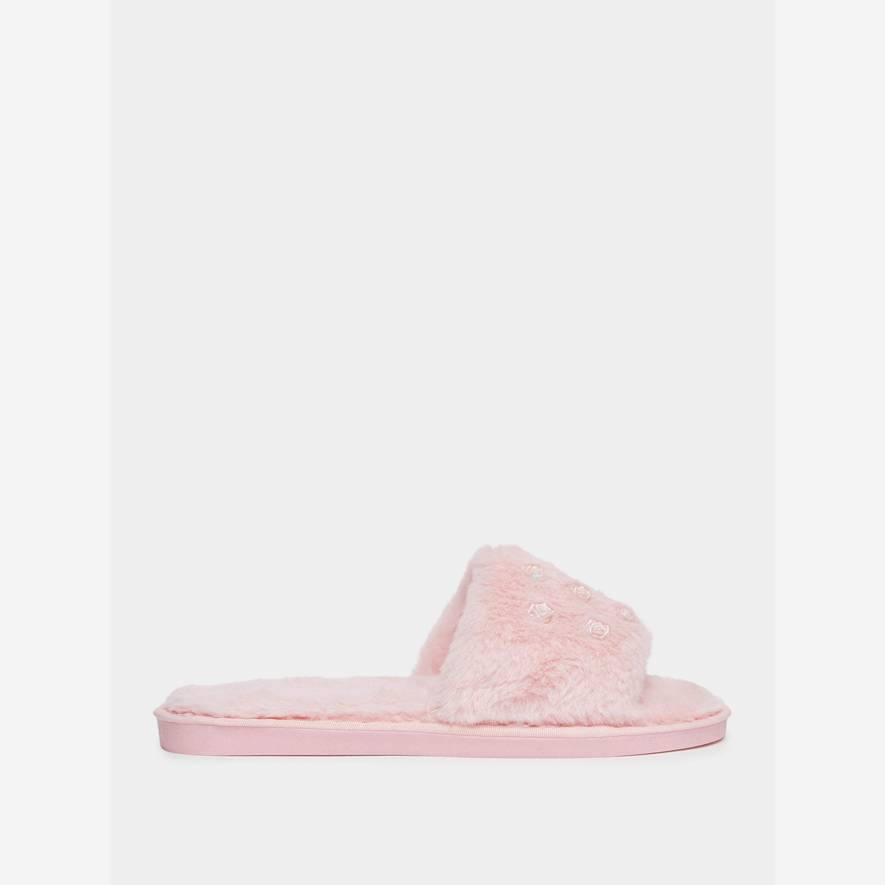 Take Two Solid Plush Flower Embellished Slippers-women-shoes-bedroomslippers-image-2