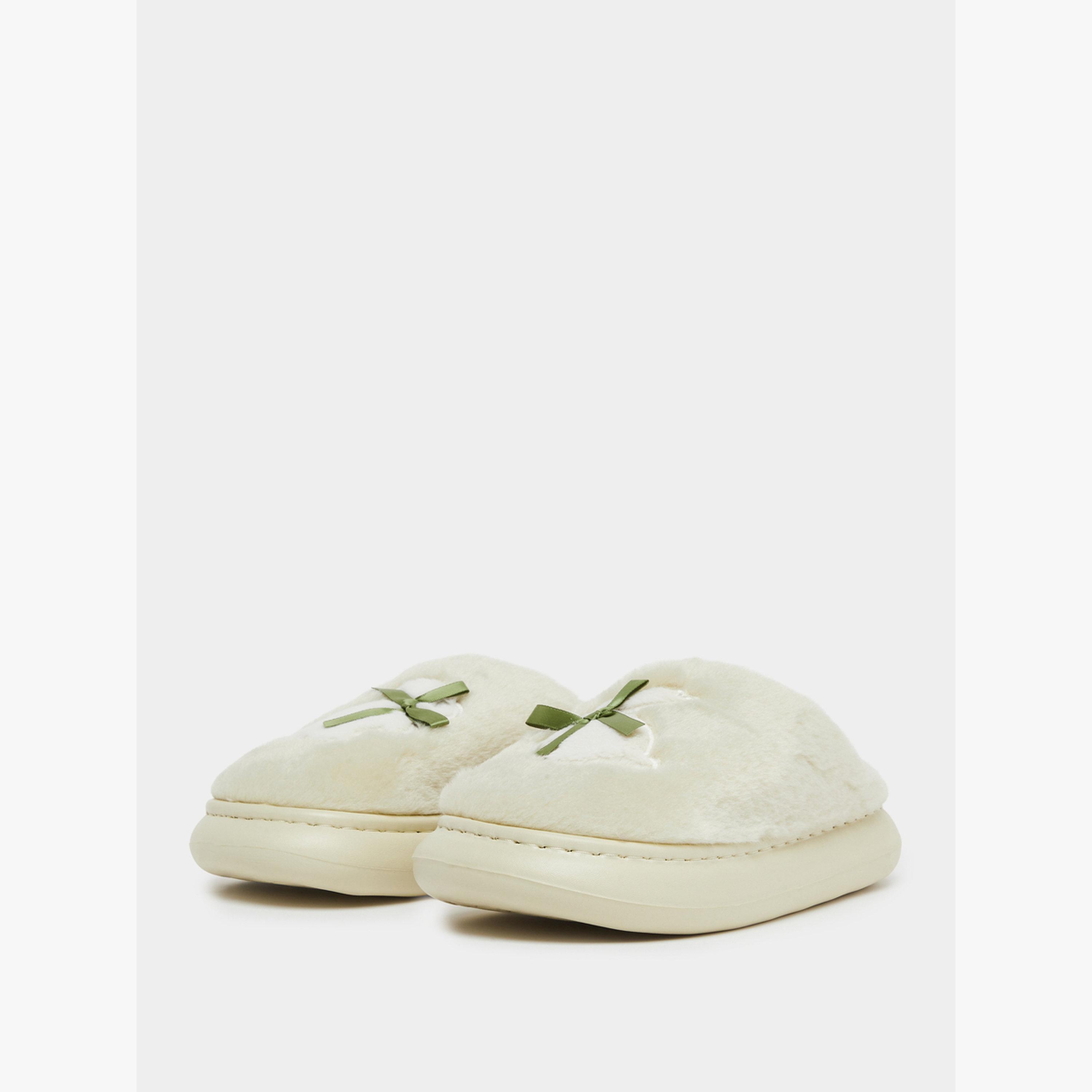 Take Two Faux Fur Plush Bow Detail Bedroom Slippers-women-shoes-bedroomslippers-image-1