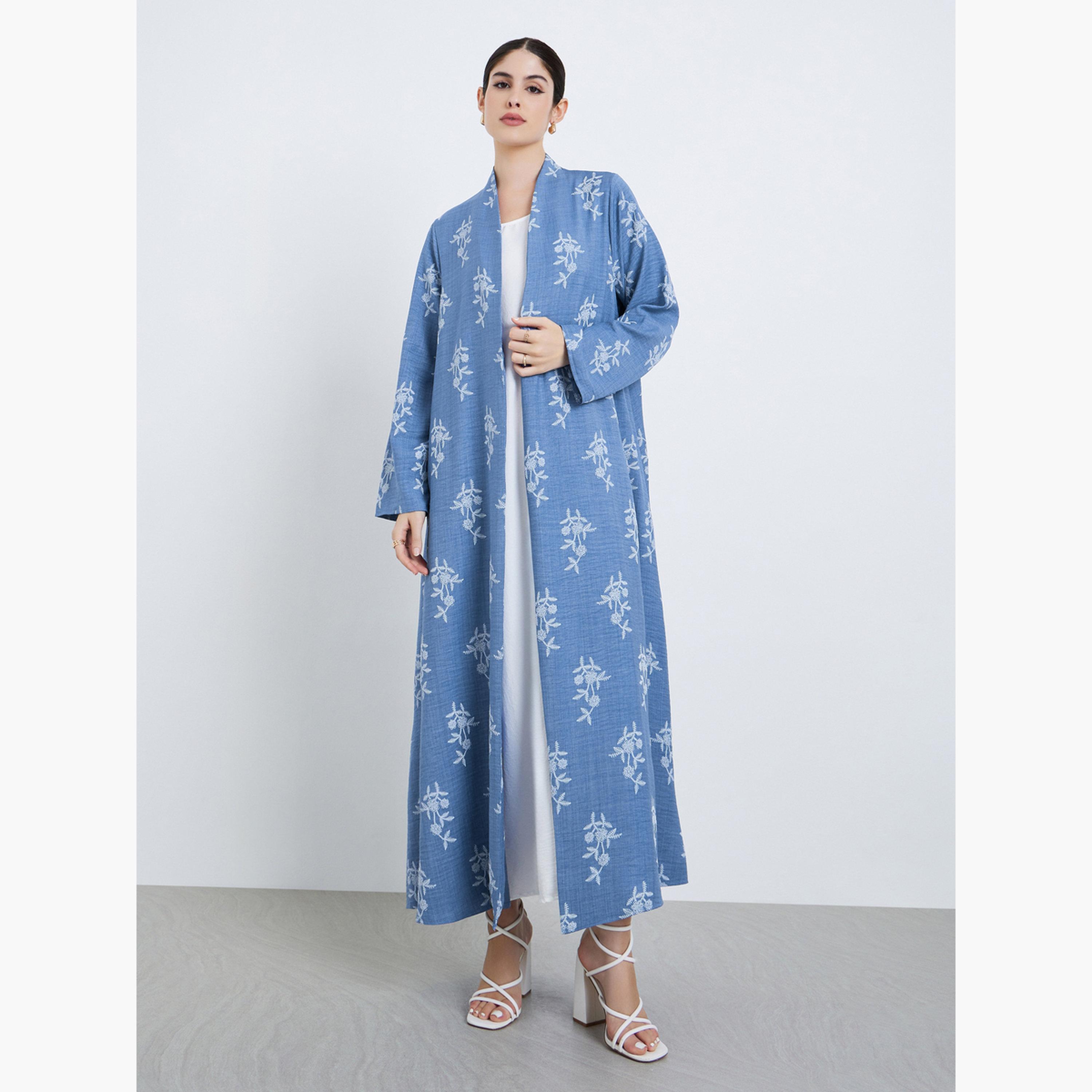 Styli Women Blue Floral Print Open Front Abaya-women-arabicclothing-abayas-image-1