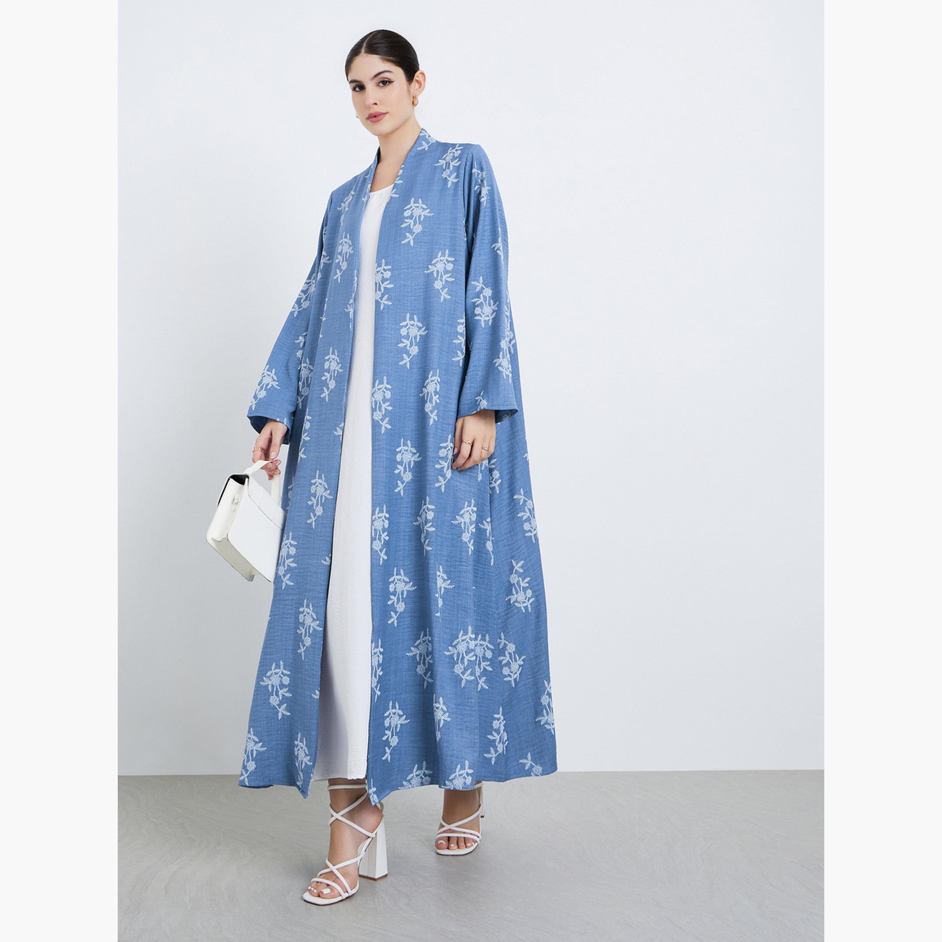 Styli Women Blue Floral Print Open Front Abaya-women-arabicclothing-abayas-image-2