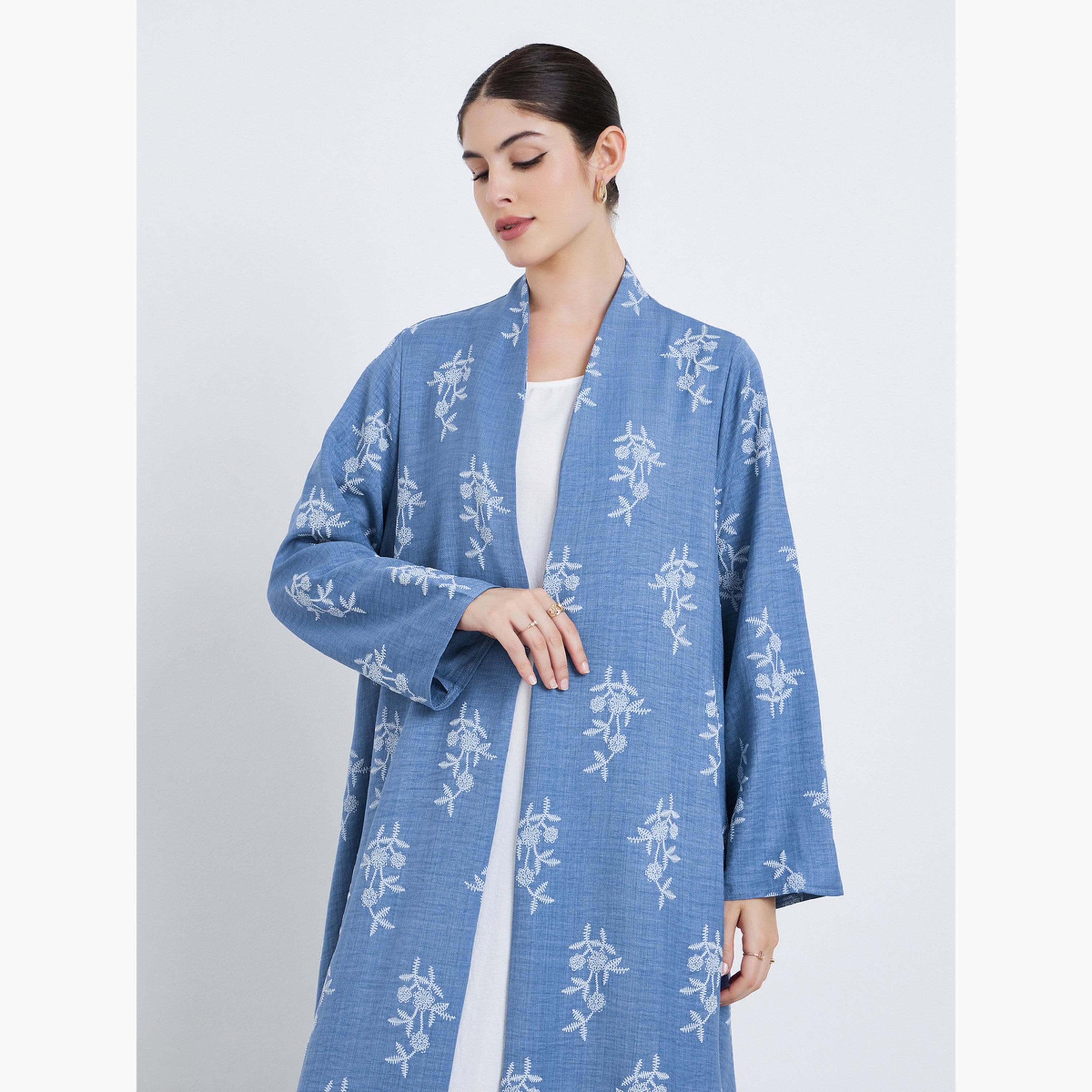 Styli Women Blue Floral Print Open Front Abaya-women-arabicclothing-abayas-image-3