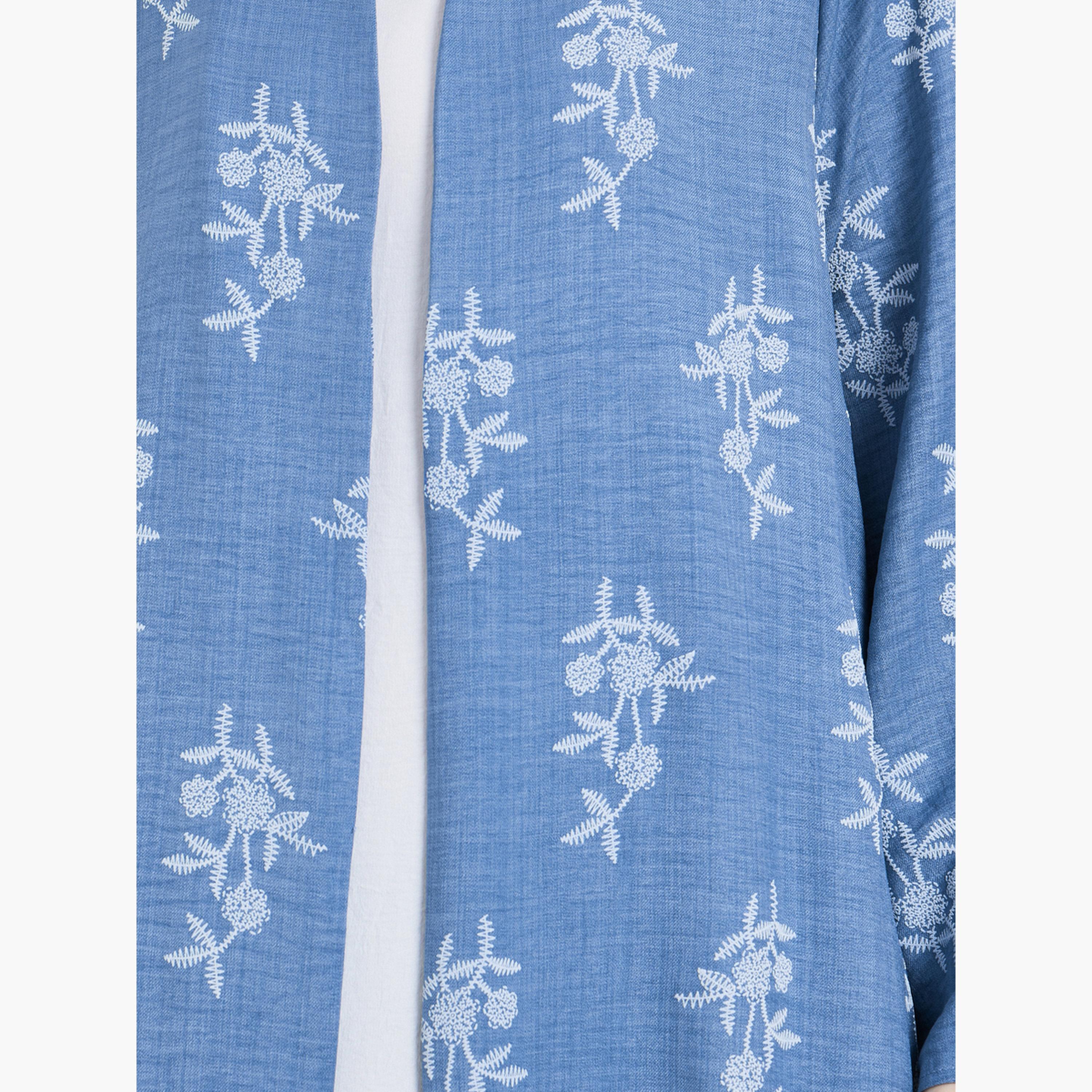 Styli Women Blue Floral Print Open Front Abaya-women-arabicclothing-abayas-image-4