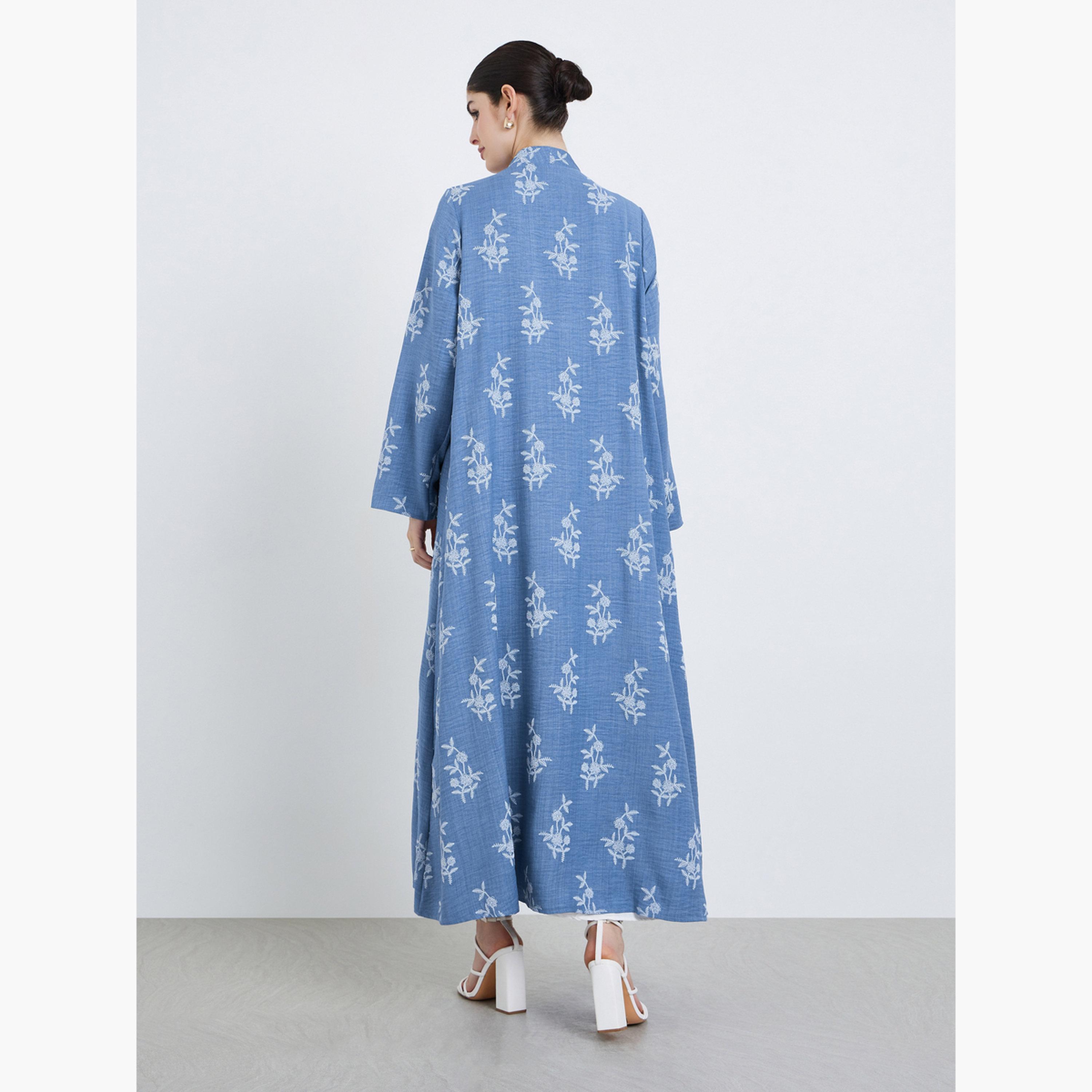 Styli Women Blue Floral Print Open Front Abaya-women-arabicclothing-abayas-image-5