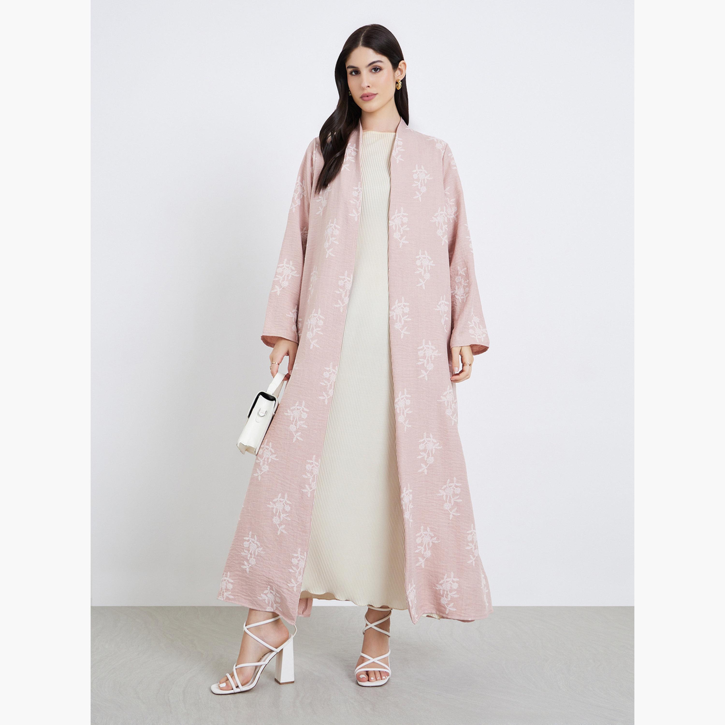 Styli Women Pink Floral Print Open Front Abaya-women-arabicclothing-abayas-image-1