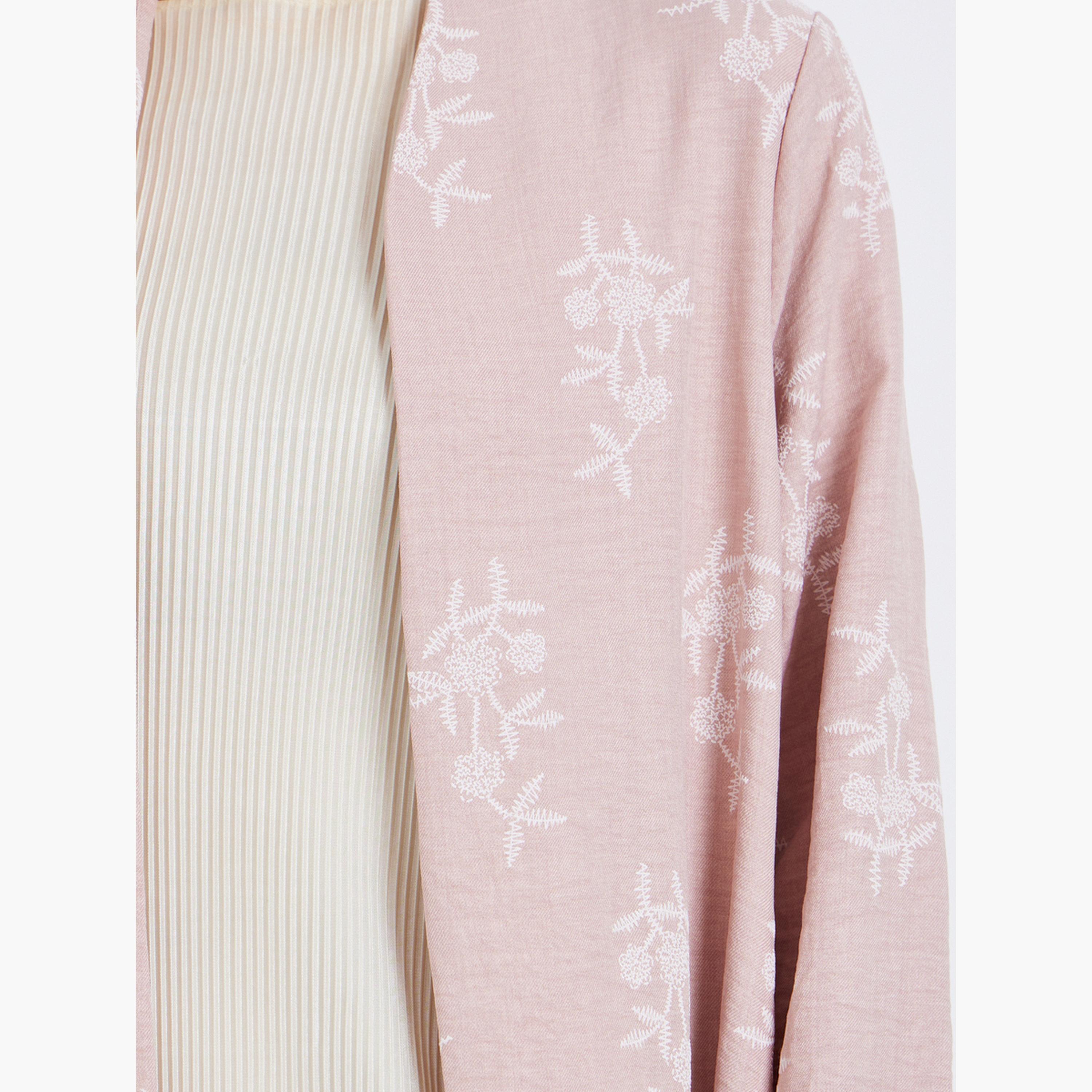 Styli Women Pink Floral Print Open Front Abaya-women-arabicclothing-abayas-image-3