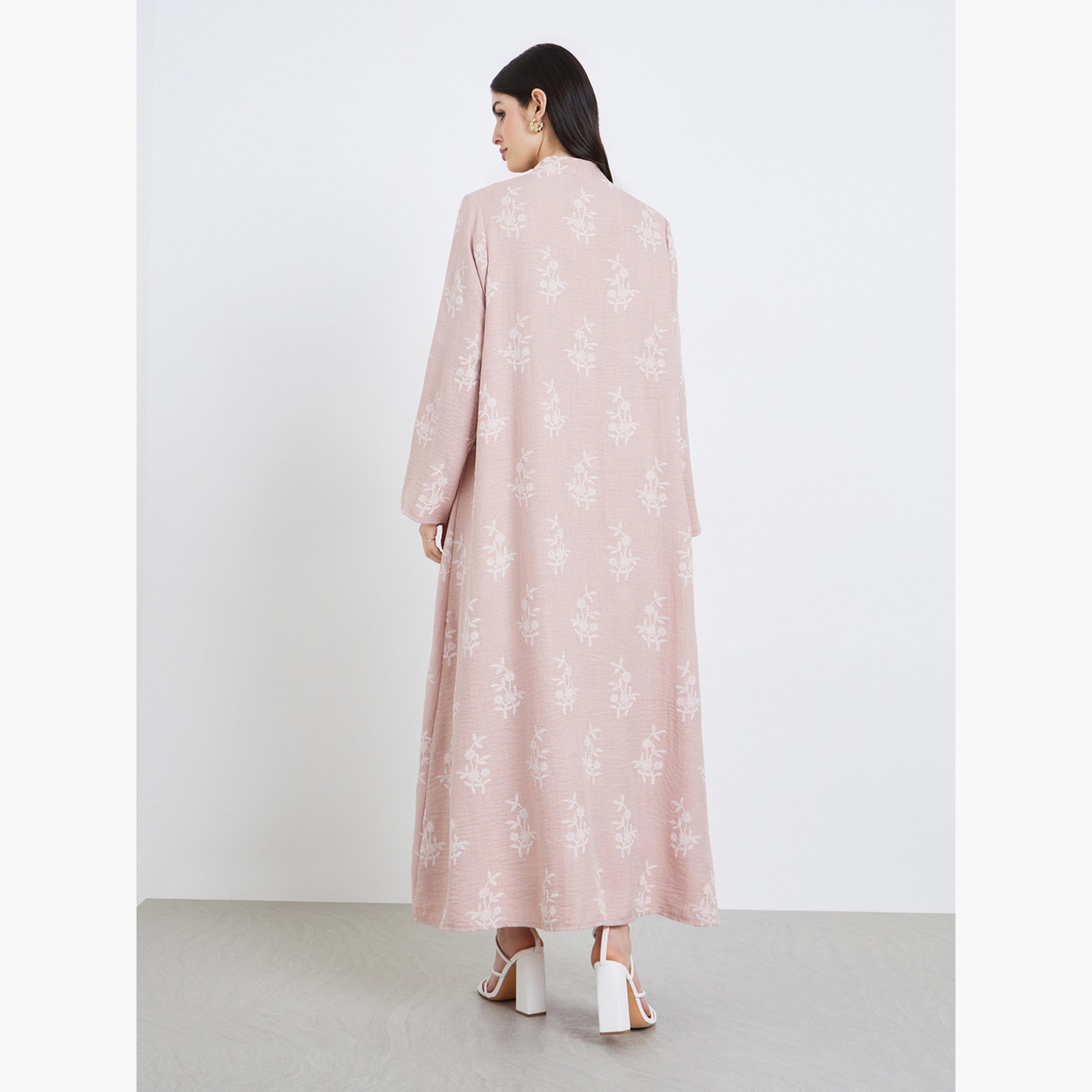 Styli Women Pink Floral Print Open Front Abaya-women-arabicclothing-abayas-image-4