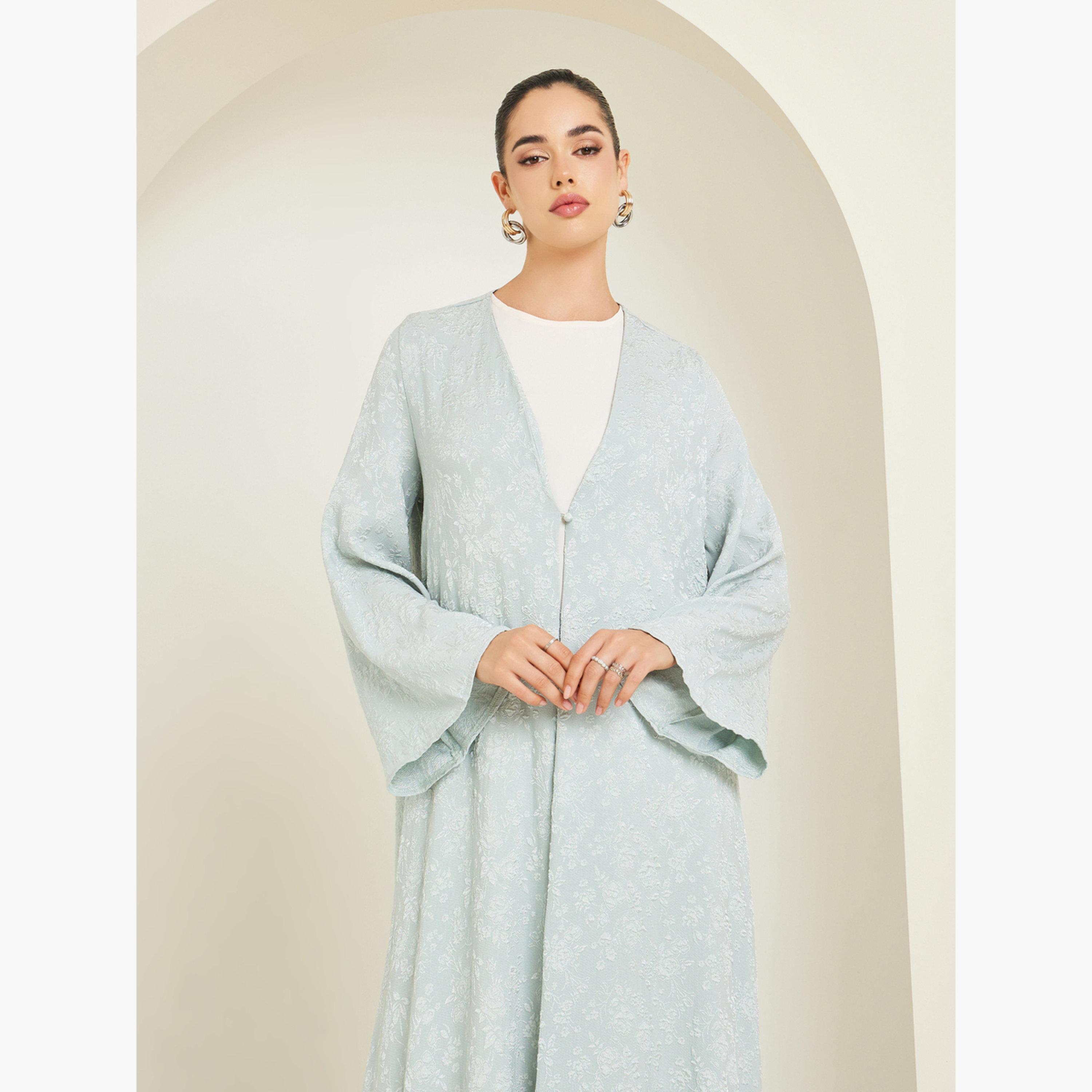 Styli Women Green Jacquard Open Front Abaya-women-arabicclothing-abayas-image-3