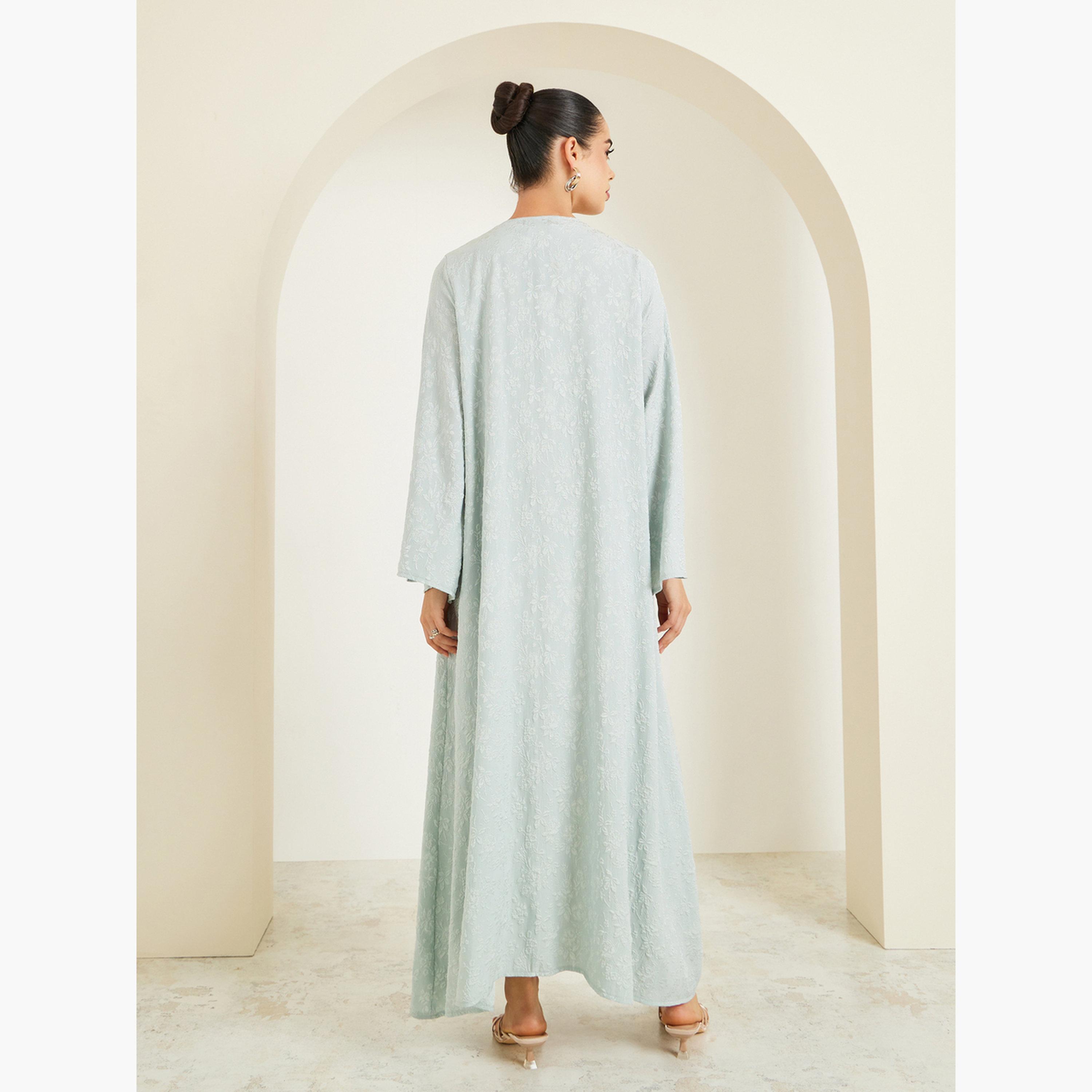 Styli Women Green Jacquard Open Front Abaya-women-arabicclothing-abayas-image-5