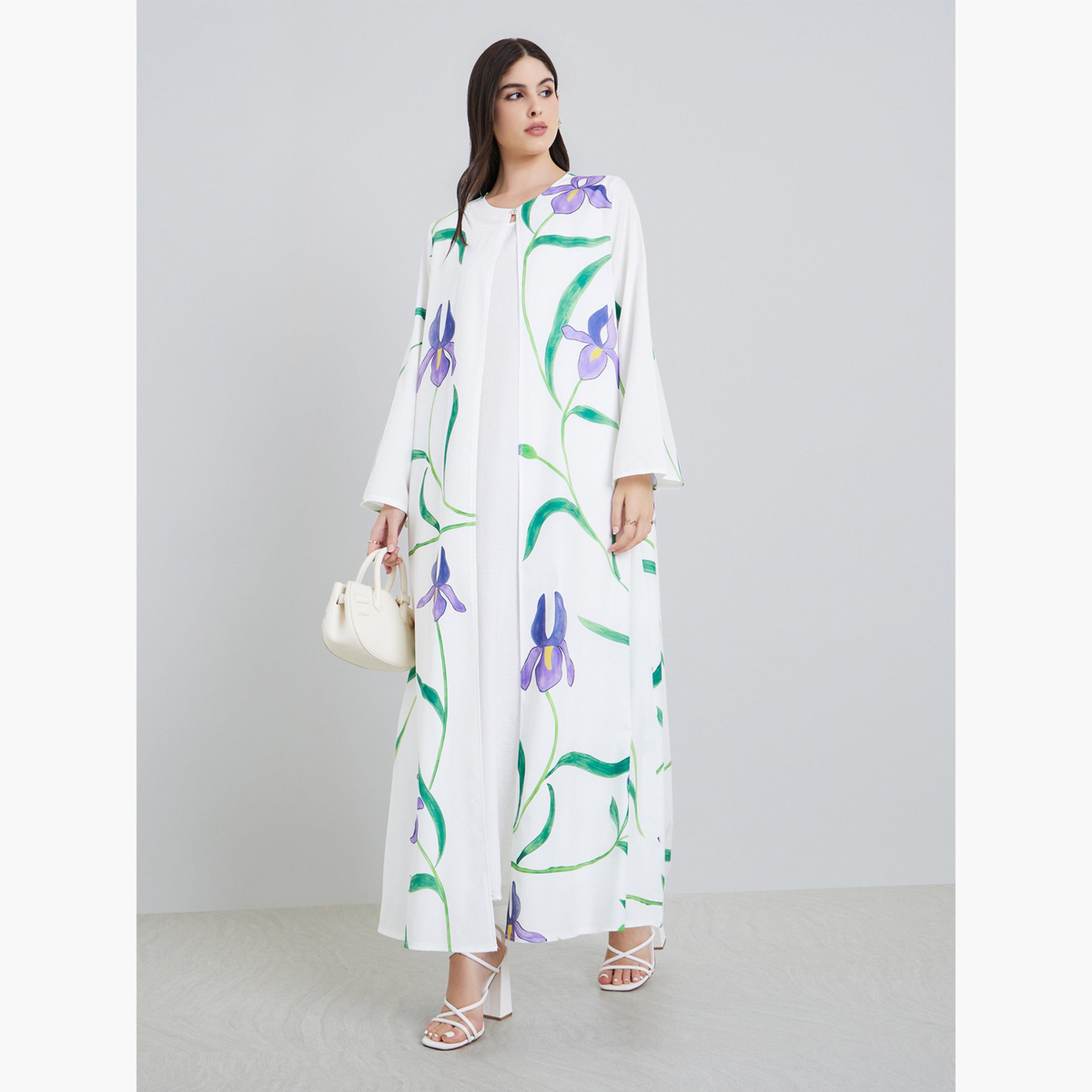 Amirah X Styli Women Placement Print Open Front Abaya-women-arabicclothing-abayas-image-1