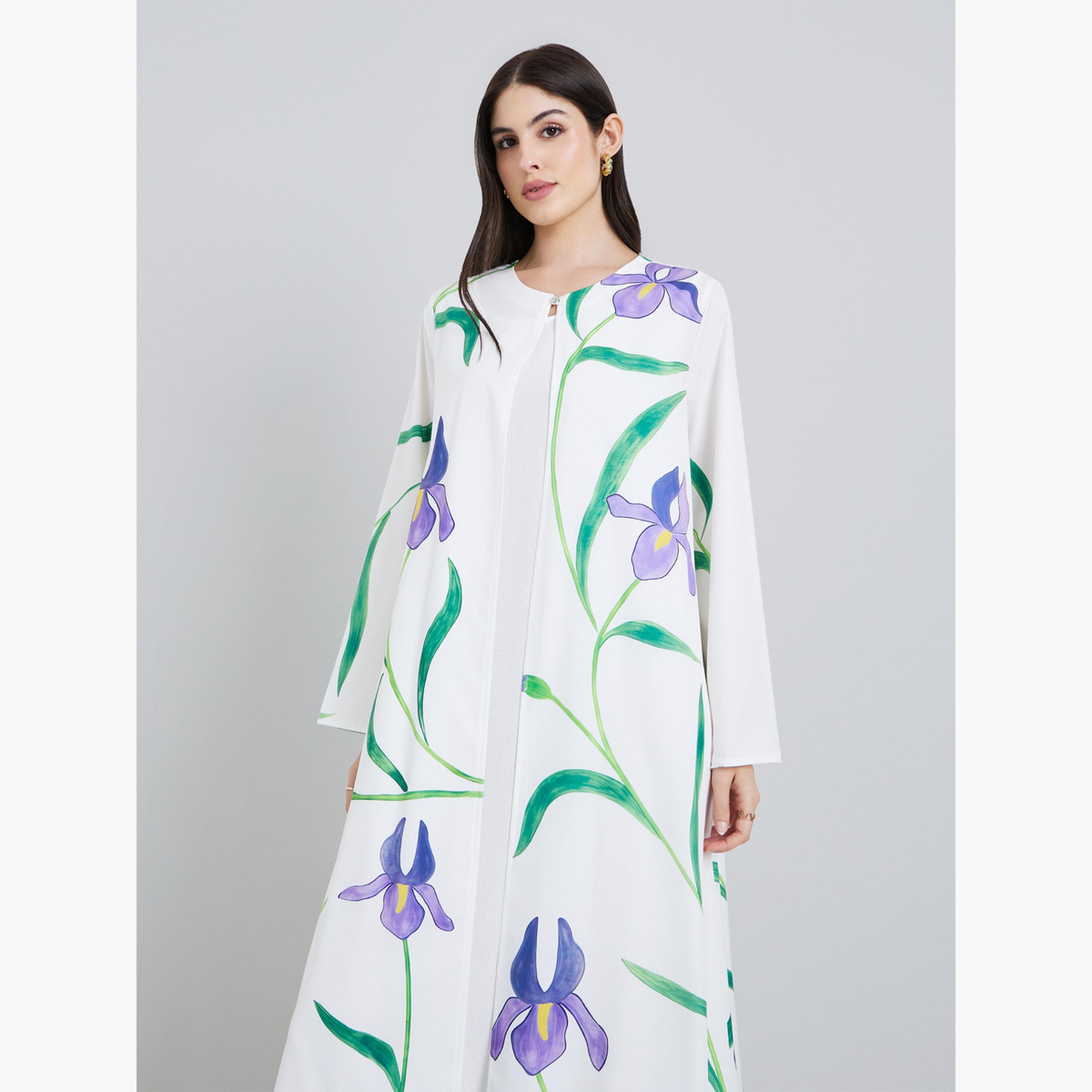Amirah X Styli Women Placement Print Open Front Abaya-women-arabicclothing-abayas-image-2