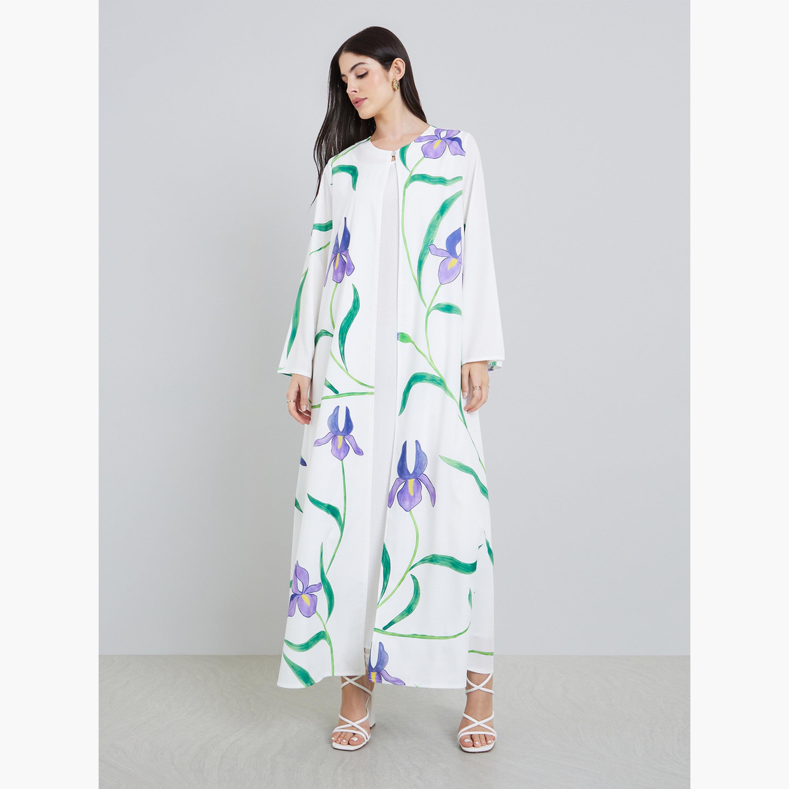 Amirah X Styli Women Placement Print Open Front Abaya-women-arabicclothing-abayas-image-3