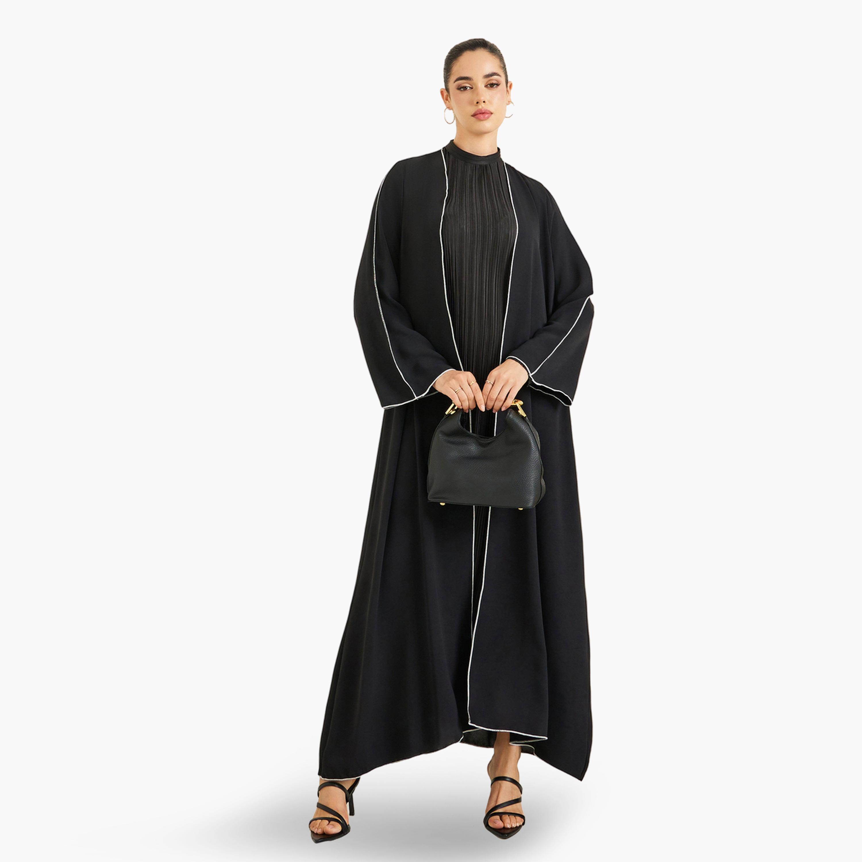 Styli Women Black Front Open Abaya with Contrast Piping-women-arabicclothing-abayas-image-1